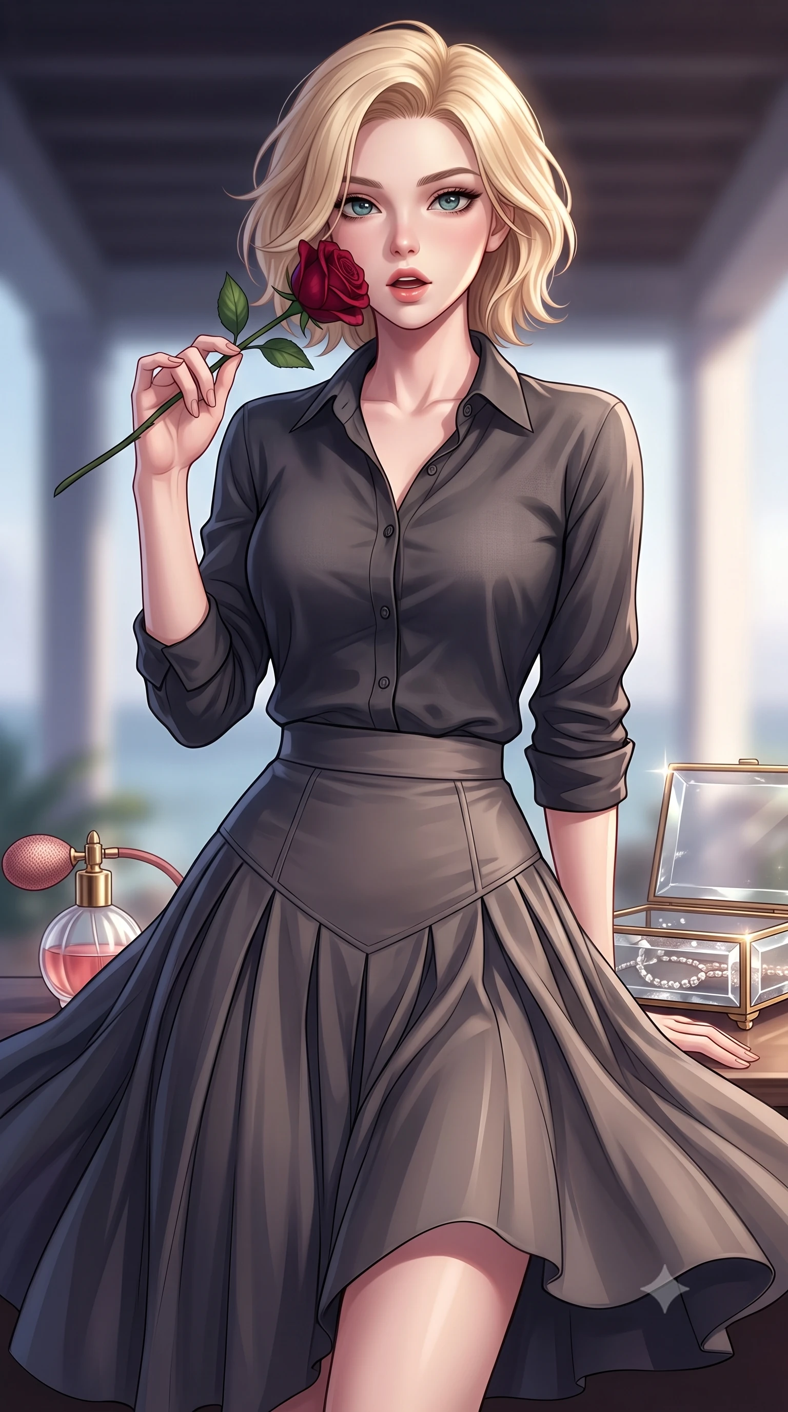 score_9, masterpiece, best quality, ultra-detailed, high-budget anime keyframe, editorial fashion photography, tasteful artistic composition, Caucasian woman. close-up cowboy shot from the waist and thighs up, the character dominates the composition, filling the frame with her large presence, background elements kept in soft focus. gasping softly with a charming expression, holding a rose stem near her cheek with a magnetic stare set against a soft-focus background of inside an exclusive coastal veranda with a vintage perfume atomizer and crystal jewelry box reflecting soft light. She has an exceptionally elegant, slender, and willowy female figure with an ultra-slim waist, a gracefully sculpted slender torso, and a refined silhouette. sharp v-shaped jawline, high-bridge nose, intricate jewel-like eyes with depth, thick eyelashes, glossy lips with a natural sheen. wearing tailored charcoal matte silk casual linen button-down shirt paired with a flowy pleated midi skirt featuring refined tailored seams. accented by a single dramatic key light highlighting her statuesque posture and slim waist. highly saturated vibrant anime colors, detailed shading with soft gradients, rich glossy textures, high-contrast stereoscopic depth, volumetric dynamic lighting, master piece, 9:16 ratio