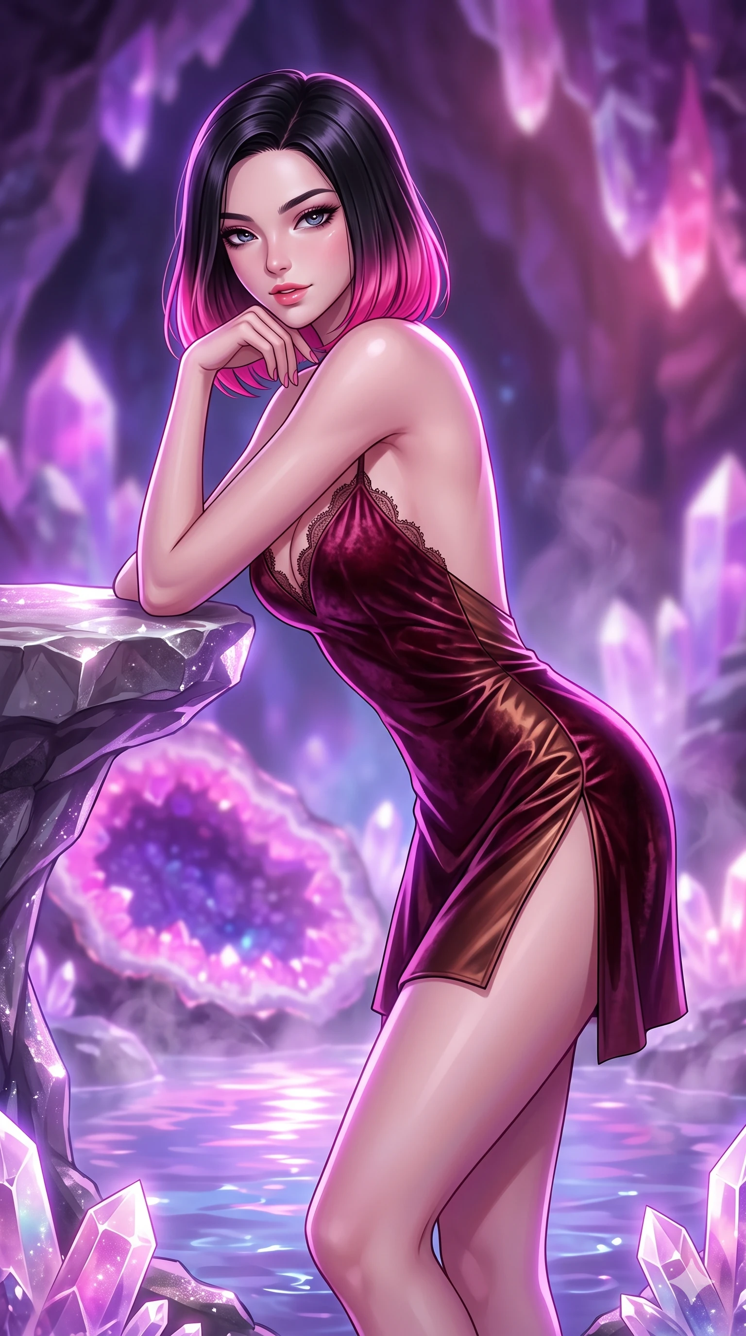 score_9, masterpiece, best quality, ultra-detailed, high-budget anime keyframe, semi-realistic 3D game render, editorial fashion photography, tasteful artistic composition, Korean woman. close-up cowboy shot from the waist and thighs up, the character dominates the composition, filling the frame with her large presence. resting one elbow on the table and supporting her chin, leaning close to the camera with heavy-lidded sparkling eyes and parted lips while standing poised on the sparkling quartz crystal ledge above the glowing geode pool, arching her back with breathtaking anime heroine charisma as neon ultraviolet crystal facets shimmer. The background shows a soft-focus warm geode steam softened in subterranean crystal sanctuary shallow focus. She has an exceptionally elegant, slender, and willowy female figure with an ultra-slim waist, flat toned midriff, narrow ribcage, and sculpted feminine hips creating an alluring, slim hourglass silhouette without bulk. sharp v-shaped jawline, high-bridge nose, intricate jewel-like sparkling eyes with depth, thick eyelashes, glossy parted lips with a natural peach sheen, bright cheerful beaming smile with an enchanting and coquettish sensual glint, exuding both youthful cute charm and seductive allure, flawlessly proportioned anatomical accuracy, strict slender model proportions, natural body alignment, perfectly sculpted long slender limbs, ultra-slim waistline, clean dynamic posture without body distortion. wearing a backless crushed velvet mini dress with a deep plunging neckline and hip-high thigh slit in deep burgundy and bronze accents, crafted from fluid liquid silk satin that clings smoothly to her narrow waist and rounded hips with a dewy sheen, finished with scalloped eyelash lace trim framing her sweetheart neckline with intimate elegance, the precision-cut side openings and low-back scoop framing her graceful spine and the sensual sweep of her slim, toned hips. illuminated by pool surface reflection bounce and sharp neon-violet rim lights sculpting her jawline, narrow waist, and curvy hips. highly saturated vibrant anime colors, detailed shading with soft gradients, rich glossy textures, high-contrast stereoscopic depth, volumetric dynamic lighting, master piece, 9:16 ratio
