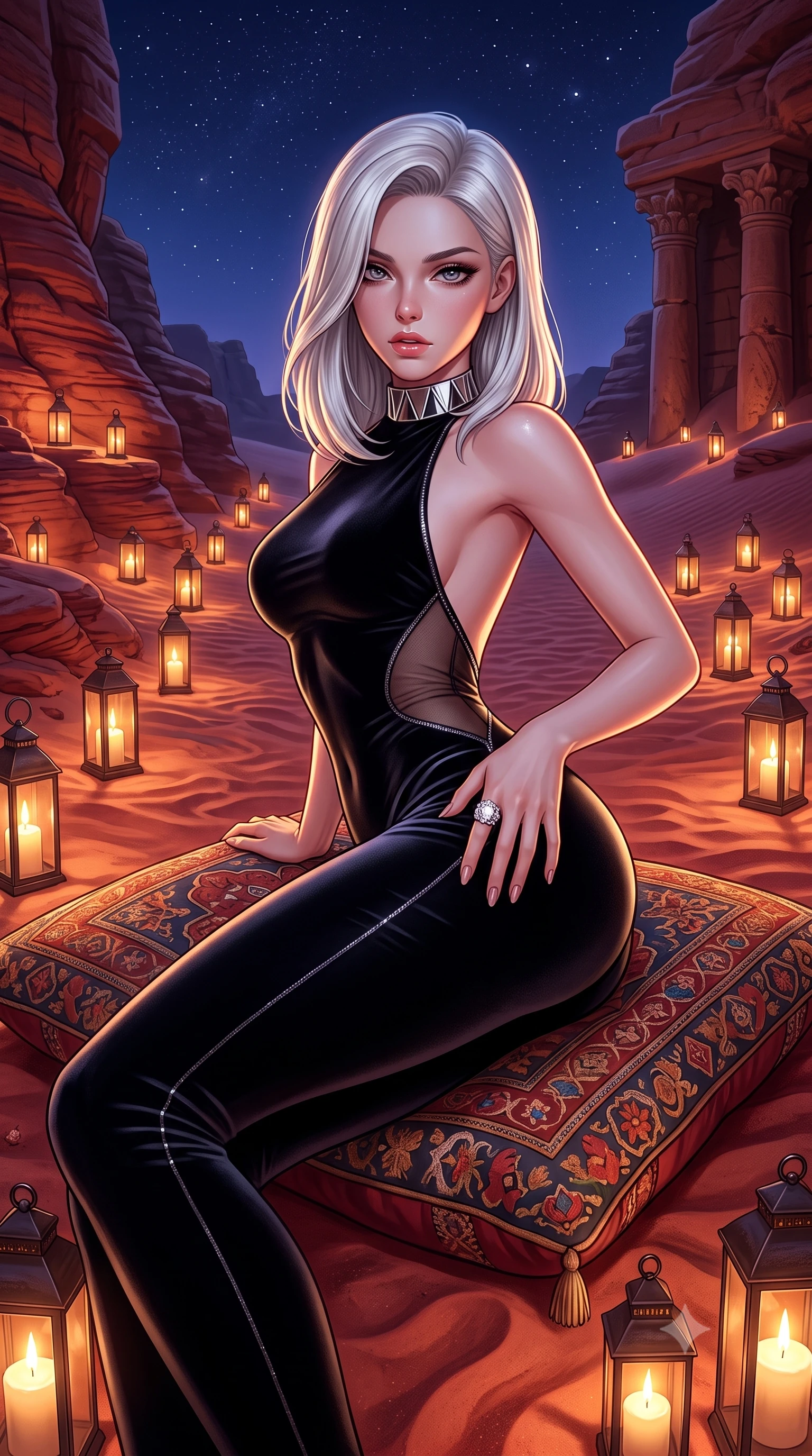 score_9, masterpiece, best quality, ultra-detailed, high-budget anime keyframe, semi-realistic 3D game render, editorial fashion photography, tasteful artistic composition, Caucasian woman. close-up cowboy shot from the waist and thighs up, the character dominates the composition, filling the frame with her large presence. arching her spine backward with effortless dancer poise, one hand sliding along her hip line as directional light carves specular highlights along her silhouette while reclining across an embroidered bedouin cushion on the desert sand, her slender waist and feminine curves sculpted by warm candlelight and desert stars. The surrounding environment is rendered in vivid detail and crisp panoramic clarity. sharp rose-red sandstone stratification ripples, desert sand grain texture, and carved rock capitals in deep focus. She has an exceptionally elegant, slender, and willowy female figure with an ultra-slim waist, flat toned midriff, narrow ribcage, and sculpted feminine hips creating an alluring, slim hourglass silhouette without bulk. sharp v-shaped jawline, high-bridge nose, intricate jewel-like eyes with depth, thick eyelashes, glossy parted lips with a natural sheen, intensely captivating and seductive bedroom-eyes expression, flawlessly proportioned anatomical accuracy, strict slender model proportions, natural body alignment, perfectly sculpted long slender limbs, ultra-slim waistline, clean dynamic posture without body distortion. wearing a second-skin compression catsuit with an open back and sheer mesh side waist contouring in pitch-black velvet with diamond crystal trim, tailored from liquid silk jersey adhering flawlessly to her slender build, complemented by a bold geometric choker and sparkling cocktail ring, the liquid-tight tailored fabric clinging flawlessly to her narrow waist and rounded feminine hips, emphasizing every millimeter of her sculpted slim hourglass curves without any bulky heaviness. bathed in warm flickering glow of hundreds of candle lanterns contrasting with the deep indigo desert night sky. highly saturated vibrant anime colors, detailed shading with soft gradients, rich glossy textures, high-contrast stereoscopic depth, volumetric dynamic lighting, master piece, 9:16 ratio