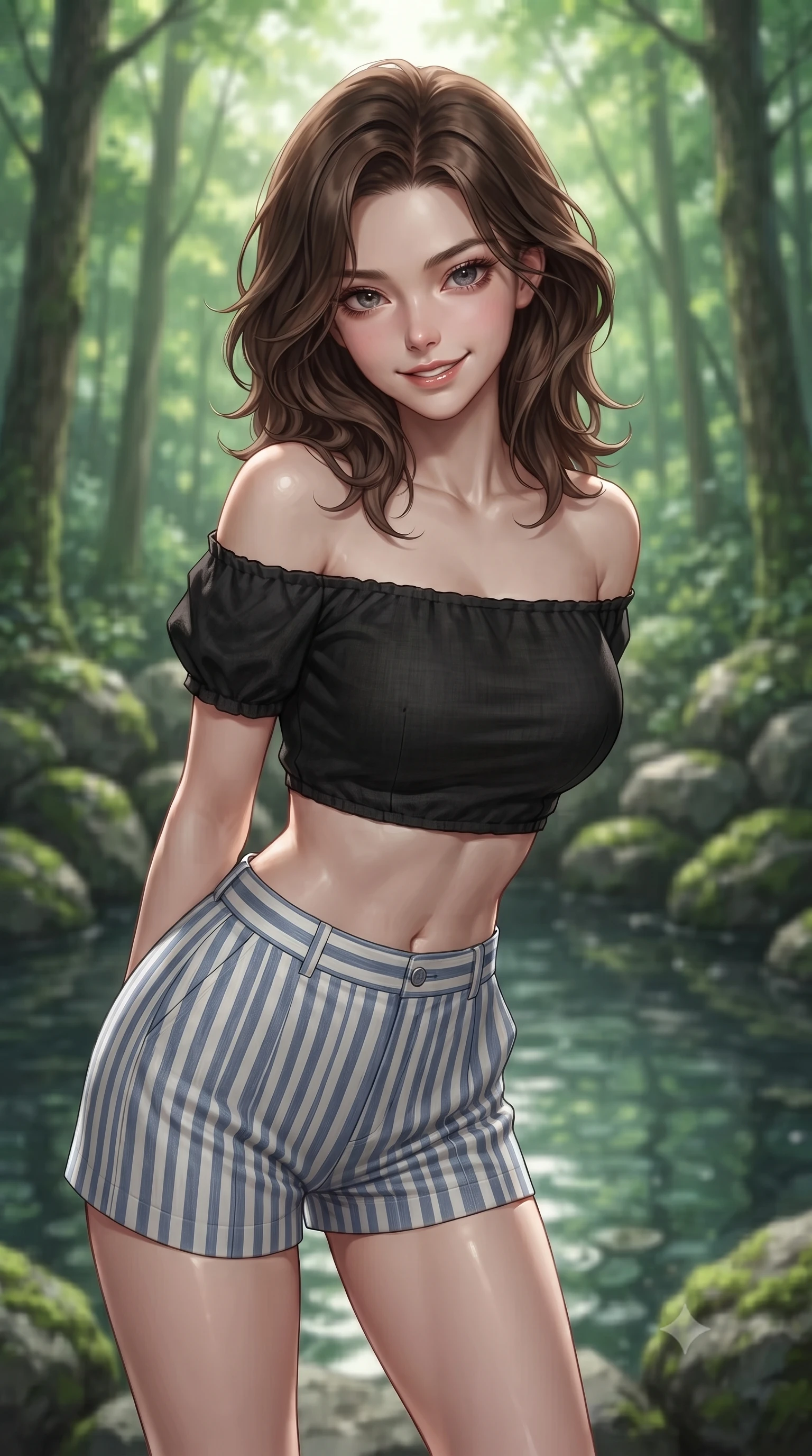 score_9, masterpiece, best quality, ultra-detailed, high-budget anime keyframe, editorial fashion photography, tasteful artistic composition, Korean woman woman. close-up cowboy shot from the waist and thighs up, the character dominates the composition, filling the frame with her large presence, background elements kept in soft focus. leaning slightly forward with a playful, teasing smile, her gaze locked onto the viewer the background shows a soft-focus a natural stone pool surrounded by mossy rocks and tall trees in a private estate. She has an exceptionally elegant, slender, and willowy female figure with an ultra-slim waist, a gracefully sculpted slender torso, and a refined silhouette. sharp v-shaped jawline, high-bridge nose, intricate jewel-like eyes with depth, thick eyelashes, glossy lips with a natural sheen. wearing a slim-fit chic off-shoulder crop top in black linen, paired with high-waisted striped resort shorts. soft diffused green light filtering through the dense forest canopy. ultra-reflective glossy finish, specular highlights, metallic sheen, high-contrast stereoscopic depth, volumetric dynamic lighting, 2k, ultra detail, master piece, 9:16 ratio