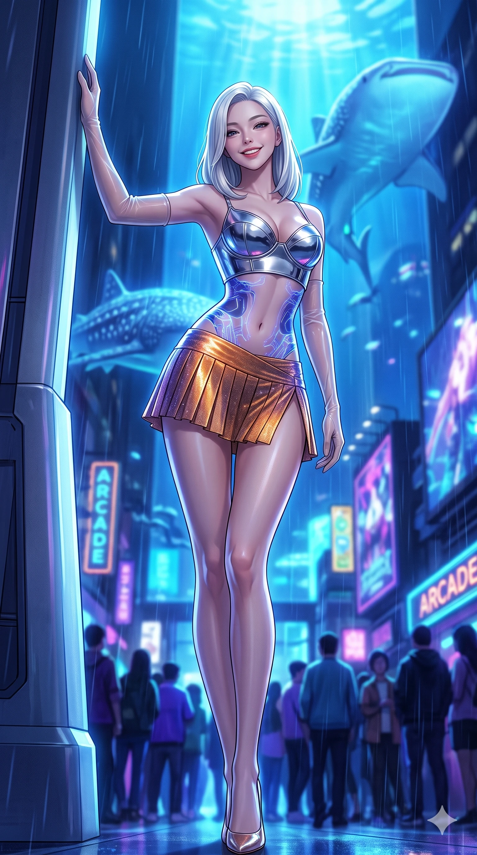 score_9, masterpiece, best quality, ultra-detailed, high-budget anime keyframe, editorial fashion photography, tasteful artistic composition, Korean woman. low angle full-body shot from head to toe showing her feet, filling the entire 9:16 vertical frame with her statuesque presence, stretching her vertical silhouette. standing tall beside the architectural column, one hand resting high while arching her lower back to emphasize her sculpted feminine hips and slender waist while twisting her slender torso in an alluring S-curve, deep ocean blue and neon purple holographic projections playing across her flat midriff and hips. The background shows a soft-focus gigantic holographic whale sharks swimming through urban rain, glowing arcade marquees, and dense street crowds blurred into cobalt, violet, and electric cyan bokeh. She has an exceptionally tall and slender model-like 8.5-heads proportion, an ultra-slim waist, a flat toned midriff, narrow delicate ribcage, and beautifully sculpted feminine hips creating a graceful, slim hourglass silhouette without any bulky heaviness, with impossibly long slender legs. sharp v-shaped jawline, high-bridge nose, intricate jewel-like sparkling eyes with depth, thick eyelashes, glossy parted lips with a natural peach sheen, bright cheerful beaming smile with an enchanting and coquettish sensual glint, exuding both youthful cute charm and seductive allure, flawlessly proportioned anatomical accuracy, strict slender model proportions, natural body alignment, perfectly sculpted long slender limbs, ultra-slim waistline, clean dynamic posture without body distortion. wearing a chrome-plated structured underwire bustier top paired with an ultra-short low-rise pleated micro mini skirt in cosmic eclipse amber and starlight diamond, woven from stretch metallic lurex jersey casting radiant starlight glints across her curves, complemented by sheer opera-length evening gloves tracing her slender arms, the high-slit wrap tailoring accentuating her ultra-slim waistline and the enchanting curve of her feminine hips with alluring seductive charm. bathed in the glowing azure and indigo illumination of the monumental virtual aquarium billboard. ultra-reflective glossy finish, specular highlights, rich textural contrasts, high-contrast stereoscopic depth, volumetric dynamic lighting, 2k, ultra detail, master piece, 9:16 ratio