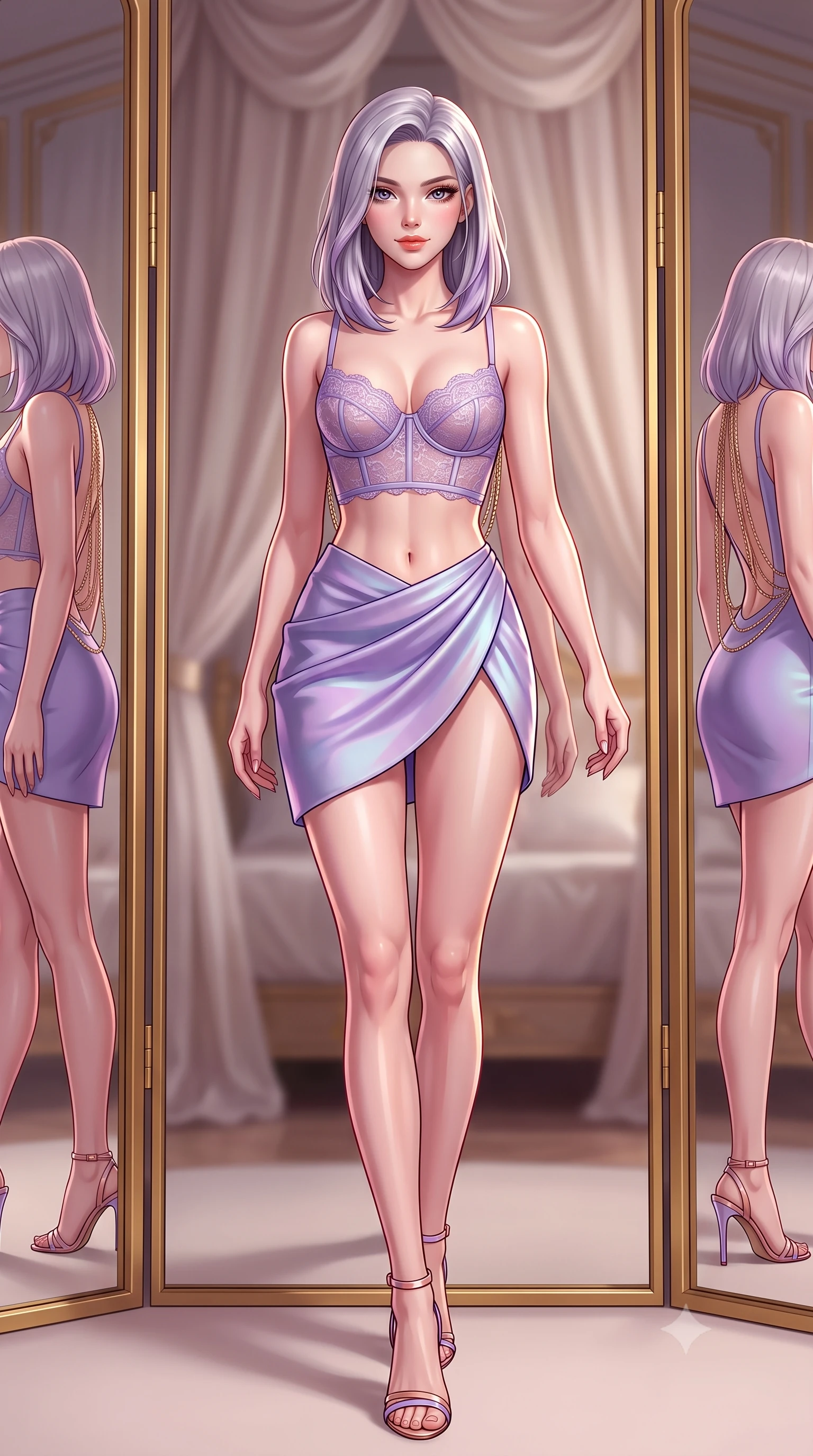 score_9, masterpiece, best quality, ultra-detailed, high-budget anime keyframe, semi-realistic 3D game render, editorial fashion photography, tasteful artistic composition, Caucasian woman. low angle full-body shot from head to toe showing her feet, filling the entire 9:16 vertical frame with her statuesque presence, stretching her vertical silhouette. stepping slowly toward the camera with hypnotic grace, hips swaying in an alluring sensual rhythm that accentuates her curvy hourglass silhouette and long slender legs while twisting her slender torso in an alluring contrapposto stance before the floor-to-ceiling gilded mirrors, admiring her hourglass silhouette. The background shows a soft-focus silk canopy drapes softened in haute private boudoir shallow focus. She has an absolutely perfect, statuesque 8.5-heads proportion, an exceptionally tall and slender model-like female figure with impossibly long slender legs, an ultra-slim waist, a flat toned midriff, narrow delicate ribcage, and beautifully sculpted feminine hips creating a graceful, slim hourglass silhouette without any bulky heaviness. sharp v-shaped jawline, high-bridge nose, sparkling eyes with hypnotic seductive depth, thick curled eyelashes, glossy parted lips with a natural dewy peach sheen, alluring bedroom-eyes with an enchanting coquettish smile, exuding magnetic siren charisma and sophisticated glamour, flawlessly proportioned anatomical accuracy, strict slender model proportions, natural body alignment, perfectly sculpted long slender limbs, ultra-slim waistline, clean dynamic posture without body distortion. wearing a sculpted underwire demi-bustier in semi-sheer lace paired with an ultra-short draped tulip skirt in dusk lavender and iridescent silver, tailored from fine structural neoprene with crisp architectural edges and smooth contouring, accented with an open-back drape framed by falling strands of delicate gold chains, the high-slit wrap tailoring accentuating her ultra-slim waistline and the enchanting curve of her feminine hips with alluring seductive charm. illuminated by trifold mirror reflection bounce and sharp rose-gold rim lights defining her jawline, flat midriff, and voluptuous hip curves. highly saturated vibrant anime colors, detailed shading with soft gradients, rich glossy textures, high-contrast stereoscopic depth, volumetric dynamic lighting, master piece, 9:16 ratio