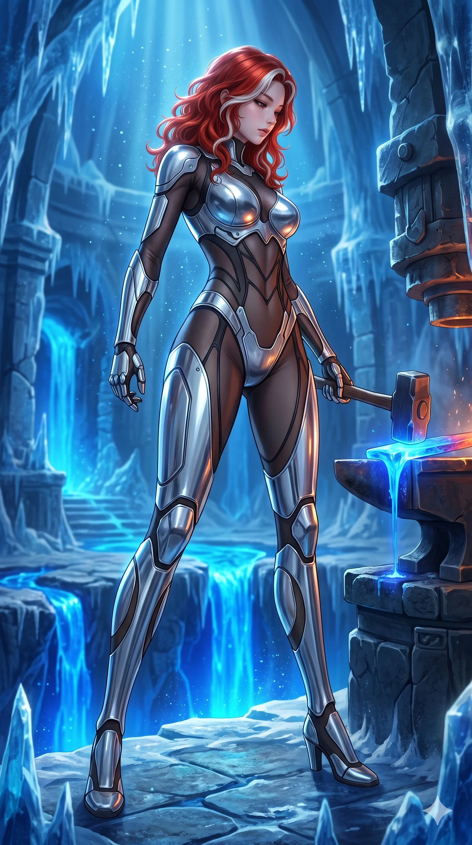 score_9, masterpiece, best quality, ultra-detailed, high-budget anime keyframe, Korean woman. low angle full-body shot filling the entire 9:16 frame with her statuesque presence, stretching the vertical silhouette. forging in a prismatic ice-volcano temple where glowing cobalt-blue liquid magma flows between frozen blue ash crystals. She has an absolutely perfect 8-heads proportion, an exceptionally tall and slender female figure with impossibly long slender legs and an ultra-slim waist. V-shaped jawline, high-bridge nose, intricate jewel-like eyes with depth, thick eyelashes, glossy lips with a natural sheen.. wearing a bionic chrome plate bodysuit, featuring silver chrome plates covering the bust and hips, connected by sheer black mesh panels. illuminated by dramatic chiaroscuro casting soft shadows along her curves, with vibrant backlighting highlighting the dust particles. 2k, ultra detail, master piece, 9:16 ratio