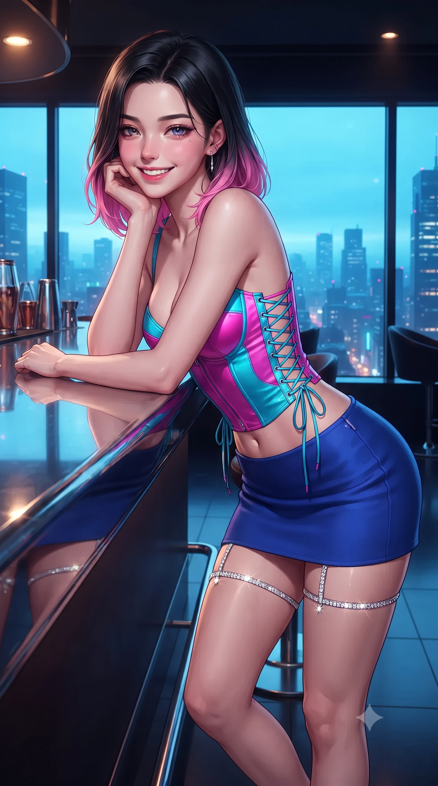 score_9, masterpiece, best quality, ultra-detailed, high-budget anime keyframe, editorial fashion photography, tasteful artistic composition, Korean woman. close-up cowboy shot from the waist and thighs up, the character dominates the composition, filling the frame with her large presence. resting one elbow on the table and supporting her chin, leaning close to the camera with heavy-lidded sparkling eyes and parted lips while leaning against the polished chrome bar counter with hips cocked back, looking out through panoramic smart-tint windows with smoldering bedroom-eyes. The surrounding environment is rendered in vivid detail and crisp panoramic clarity: detailed bespoke fashion tailoring, liquid fabric drape, and world-class high-altitude architecture in razor-sharp precision. She has an exceptionally elegant, slender, and willowy female figure with an ultra-slim waist, flat toned midriff, narrow ribcage, and sculpted feminine hips creating an alluring, slim hourglass silhouette without bulk. sharp v-shaped jawline, high-bridge nose, intricate jewel-like sparkling eyes with depth, thick eyelashes, glossy parted lips with a natural peach sheen, bright cheerful beaming smile with an enchanting and coquettish sensual glint, exuding both youthful cute charm and seductive allure, flawlessly proportioned anatomical accuracy, strict slender model proportions, natural body alignment, perfectly sculpted long slender limbs, ultra-slim waistline, clean dynamic posture without body distortion. wearing a sculpted satin cyber-corset with lace-up side ties paired with a low-rise micro skirt in Neo-Tokyo neon magenta and electric cyan, crafted from bespoke double-faced cashmere with an exceptionally soft tactile finish, finished with delicate crystal-encrusted thigh garter straps glinting in the dim light, the second-skin tailored fabric adhering flawlessly to her sculpted flat midriff and slender torso, emphasizing her long leg lines and perfectly proportioned willowy build. bathed in warm 2700K ambient bar cove lighting paired with cool electric-blue skyscraper panorama radiance. ultra-reflective glossy finish, specular highlights, rich textural contrasts, high-contrast stereoscopic depth, volumetric dynamic lighting, 2k, ultra detail, master piece, 9:16 ratio