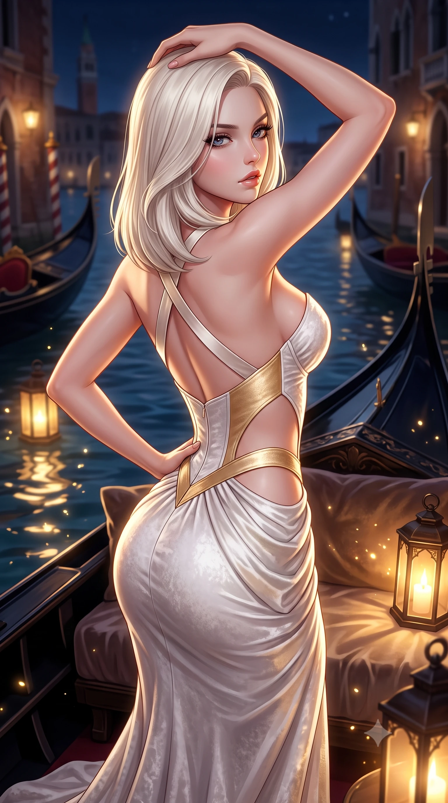 score_9, masterpiece, best quality, ultra-detailed, high-budget anime keyframe, semi-realistic 3D game render, editorial fashion photography, tasteful artistic composition, Caucasian woman. close-up cowboy shot from the waist and thighs up, the character dominates the composition, filling the frame with her large presence. posing in an alluring rear three-quarter angle, arching her lower back in a pronounced S-curve with one hand on her hip, glancing seductively over her bare shoulder with parted glossy lips while stretching languidly on the gondola daybed with hands raised behind her head, parted glossy lips reflecting flickering lantern glow. The composition keeps background elements in soft focus with creamy bokeh. gondola lantern reflections and water ripple sparkles scattering radiant golden light motes. She has an exceptionally elegant, slender, and willowy female figure with an ultra-slim waist, flat toned midriff, narrow ribcage, and sculpted feminine hips creating an alluring, slim hourglass silhouette without bulk. sharp v-shaped jawline, high-bridge nose, intricate jewel-like eyes with depth, thick eyelashes, glossy parted lips with a natural sheen, intensely captivating and seductive bedroom-eyes expression, flawlessly proportioned anatomical accuracy, strict slender model proportions, natural body alignment, perfectly sculpted long slender limbs, ultra-slim waistline, clean dynamic posture without body distortion. wearing a deep sweetheart neckline crushed velvet corseted ballgown with an exposed midriff cutout in pure alabaster white and sun-kissed gold, crafted from second-skin supple lambskin leather with liquid drape, finished with criss-cross back satin straps highlighting her graceful shoulder blades, the second-skin form-contouring cut accentuating her sculpted flat midriff, narrow delicate ribcage, and gracefully curvy hips with supermodel precision. surrounded by an aristocratic, scandalous, and breathlessly captivating Venetian siren aura. highly saturated vibrant anime colors, detailed shading with soft gradients, rich glossy textures, high-contrast stereoscopic depth, volumetric dynamic lighting, master piece, 9:16 ratio