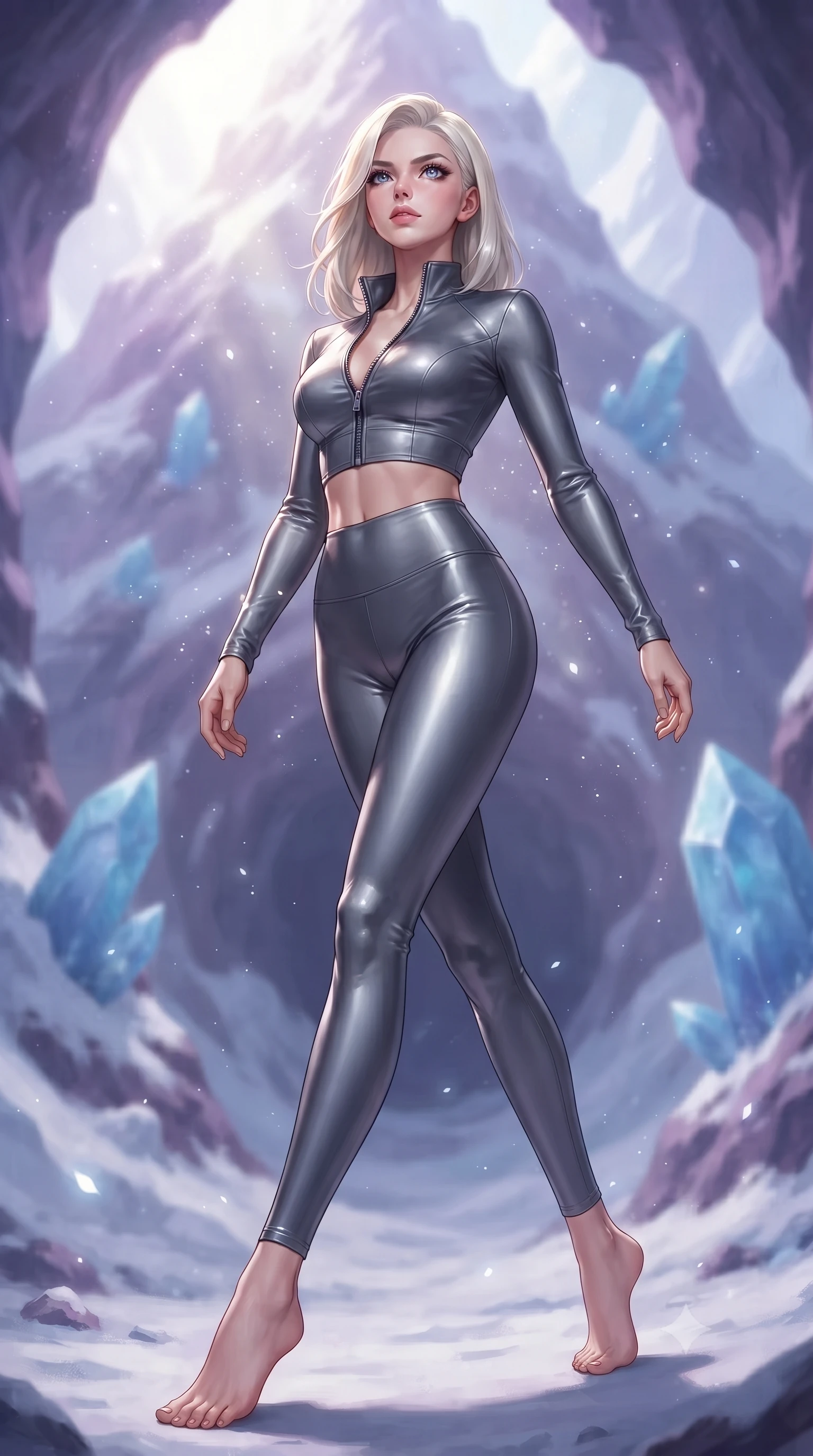 score_9, masterpiece, best quality, ultra-detailed, high-budget anime keyframe, editorial fashion photography, tasteful artistic composition, Caucasian woman. low angle full-body shot from head to toe showing her feet, filling the entire 9:16 vertical frame with her statuesque presence, stretching her vertical silhouette. stepping gracefully through floating stardust particles, her body-contouring suit showing her athletic, slender silhouette, the background shows a soft-focus a mountain peak cavern with snow drifts and blue quartz formations. She has an absolutely perfect, statuesque 8.5-heads proportion, an exceptionally tall and slender model-like female figure with impossibly long slender legs and an ultra-slim waist. sharp v-shaped jawline, high-bridge nose, intricate jewel-like eyes with depth, thick eyelashes, glossy lips with a natural sheen. wearing a tailored body-hugging high-neck activewear set of a zipped long-sleeve crop top and matching leggings in carbon-grey. bright morning starlight highlighting white snow and purple rock in vivid tones. ultra-reflective glossy finish, specular highlights, metallic sheen, high-contrast stereoscopic depth, volumetric dynamic lighting, 2k, ultra detail, master piece, 9:16 ratio