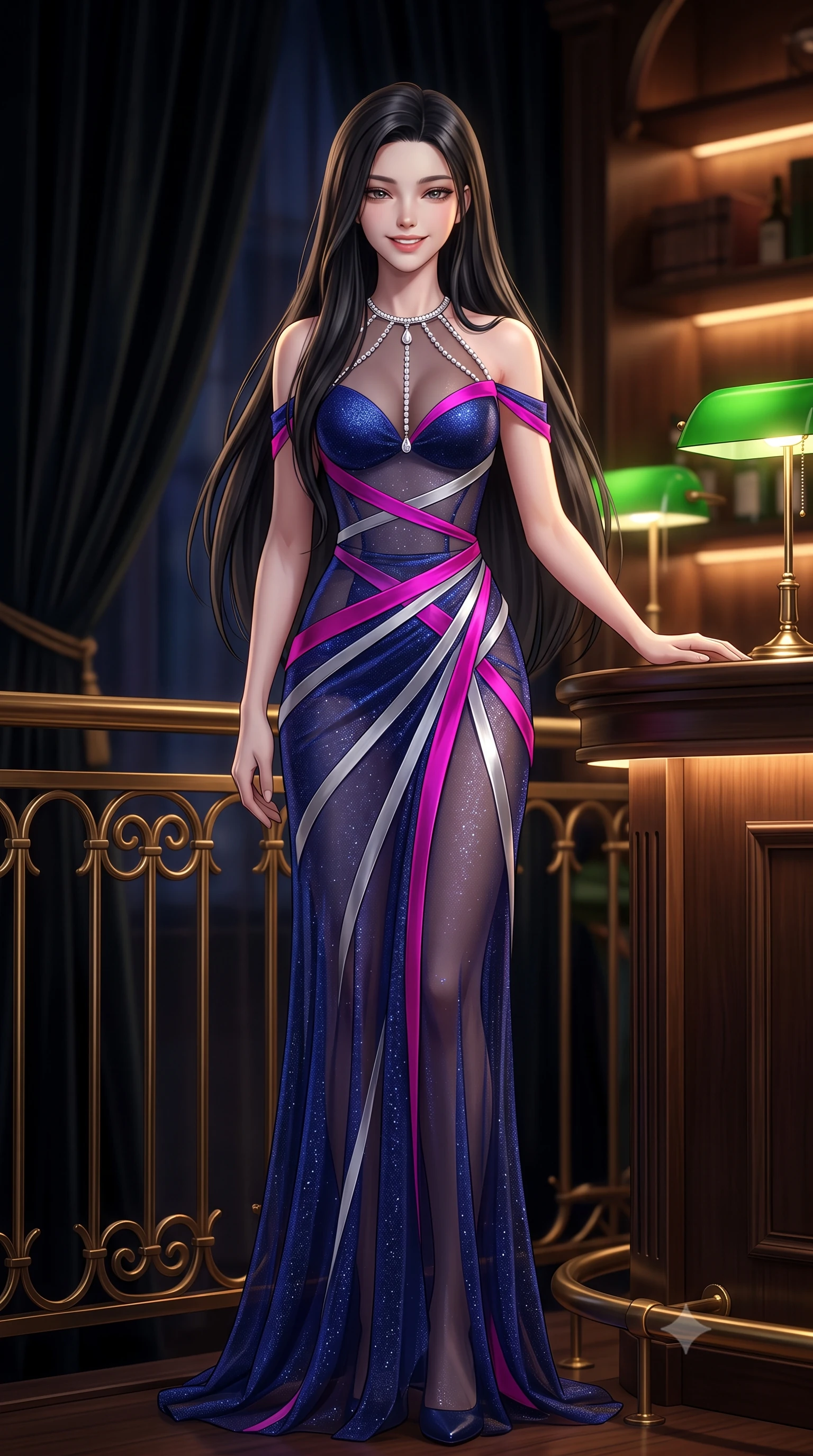 score_9, masterpiece, best quality, ultra-detailed, high-budget anime keyframe, semi-realistic 3D game render, editorial fashion photography, tasteful artistic composition, Korean woman. low angle full-body shot from head to toe showing her feet, filling the entire 9:16 vertical frame with her statuesque presence, stretching her vertical silhouette. leaning deep against the balcony balustrade with hips cocked back in an unapologetically alluring high-fashion stance, casting an intoxicating glance while leaning against the fluted brass bar counter with hips cocked back, looking over a bare shoulder with heavy-lidded bedroom-eyes. The background shows a soft-focus deep velvet drapery softened in ultra-exclusive British private club shallow focus. She has an exceptionally tall and slender model-like 8.5-heads proportion, an ultra-slim waist, a flat toned midriff, narrow delicate ribcage, and beautifully sculpted feminine hips creating a graceful, slim hourglass silhouette without any bulky heaviness, with impossibly long slender legs. sharp v-shaped jawline, high-bridge nose, intricate jewel-like sparkling eyes with depth, thick eyelashes, glossy parted lips with a natural peach sheen, bright cheerful beaming smile with an enchanting and coquettish sensual glint, exuding both youthful cute charm and seductive allure, flawlessly proportioned anatomical accuracy, strict slender model proportions, natural body alignment, perfectly sculpted long slender limbs, ultra-slim waistline, clean dynamic posture without body distortion. wearing an alluring sheer illusion mesh gown with liquid silver ribbons contouring her flat midriff and curvaceous hips in Huangpu midnight sapphire and neon magenta, woven from stretch metallic lurex jersey casting radiant starlight glints across her curves, accented with a pearl-drop body harness subtly framing her dewy collarbones and spine, the second-skin tailored fabric adhering flawlessly to her sculpted flat midriff and slender torso, emphasizing her long leg lines and perfectly proportioned willowy build. bathed in the rich chiaroscuro 2400K incandescent warmth of green banker's lamps and concealed shelf downlights. highly saturated vibrant anime colors, detailed shading with soft gradients, rich glossy textures, high-contrast stereoscopic depth, volumetric dynamic lighting, master piece, 9:16 ratio