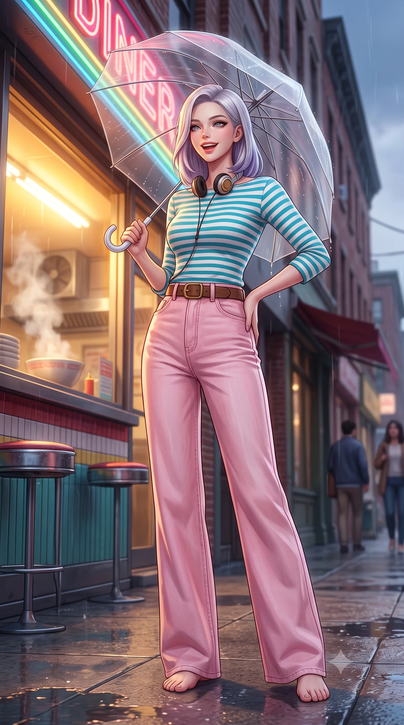 score_9, masterpiece, best quality, ultra-detailed, high-budget anime keyframe, semi-realistic 3D game render, editorial fashion photography, tasteful artistic composition, Caucasian woman. low angle full-body shot from head to toe showing her feet, filling the entire 9:16 vertical frame with her statuesque presence, stretching her vertical silhouette. standing poised with one hip cocked in an alluring high-fashion pose, her tall 8.5-heads proportions dominating the scene while standing under the neon diner awning shaking raindrops from her umbrella with a sweet, radiant laugh. The composition keeps background elements in soft focus with creamy bokeh. steaming ramen shop vents and classic brick storefronts softened in romantic 35mm shallow focus. She has an absolutely perfect, statuesque 8.5-heads proportion, an exceptionally tall and slender model-like female figure with impossibly long slender legs, a toned flat midriff, and an ultra-slim waist. sharp v-shaped jawline, high-bridge nose, intricate jewel-like eyes with depth, thick eyelashes, glossy lips with a natural sheen, captivating and magnetic expression, flawlessly proportioned anatomical accuracy, strict slender model proportions, natural body alignment, perfectly sculpted long slender limbs, ultra-slim waistline, clean dynamic posture without body distortion. wearing a chic French-girl style boatneck Breton striped top paired with high-rise wide-leg sailor trousers in retro turquoise, baby pink, and white, made of premium heavyweight washed denim and breathable cotton poplin, accessorized with a classic leather belt with brass buckle and retro on-ear foam headphones, the sleek tailored cut tightly hugging her graceful clavicle, narrow waist, and feminine curves with statuesque precision. illuminated by warm golden diner window key light sculpting her cheekbones and joyful expression. highly saturated vibrant anime colors, detailed shading with soft gradients, rich glossy textures, high-contrast stereoscopic depth, volumetric dynamic lighting, master piece, 9:16 ratio