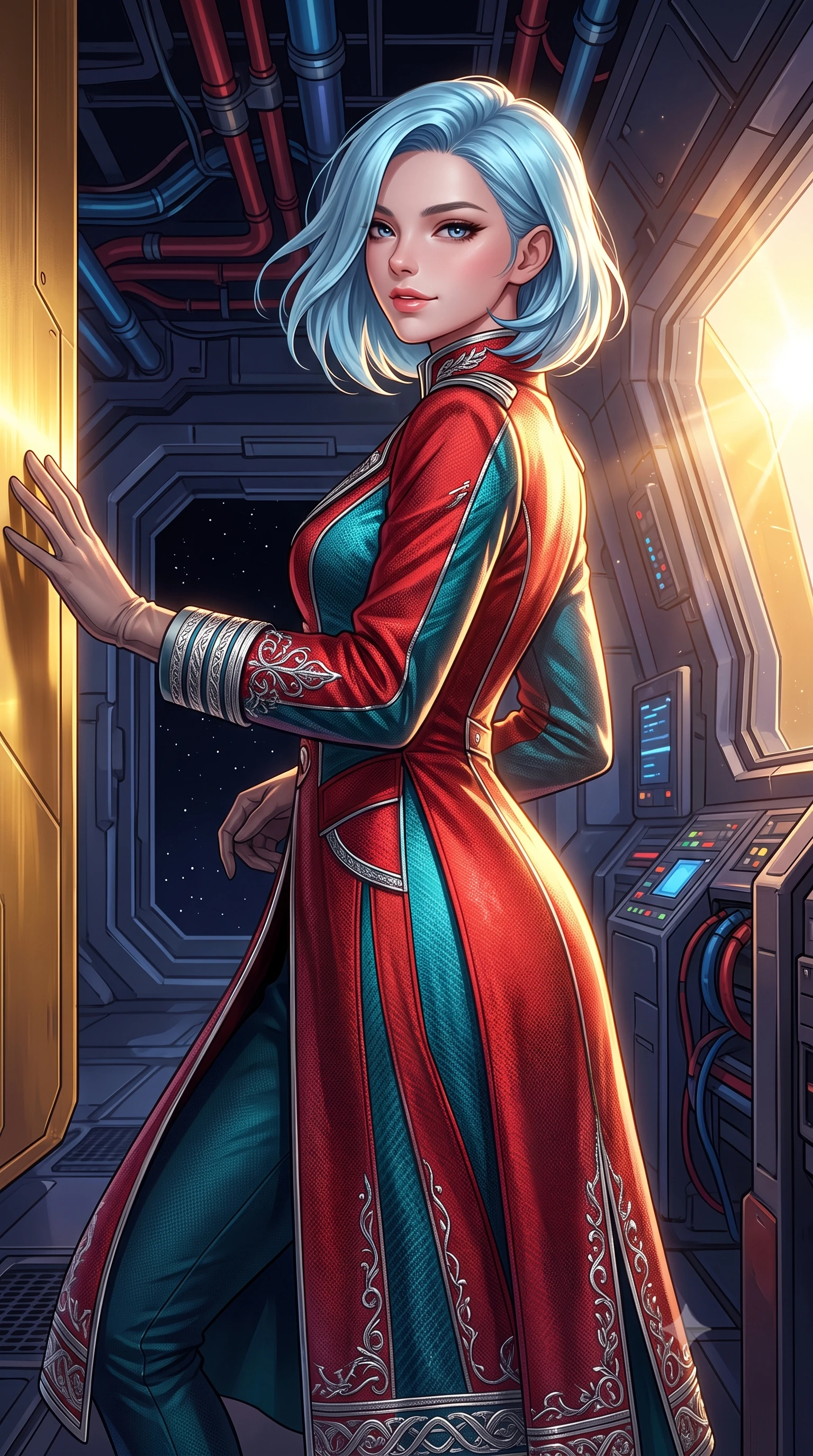score_9, masterpiece, best quality, ultra-detailed, high-budget anime keyframe, semi-realistic 3D game render, editorial fashion photography, tasteful artistic composition, Korean woman. close-up cowboy shot from the waist and thighs up, the character dominates the composition, filling the frame with her large presence. turning slowly with an enchanting smoldering smile, her glossy hair tossing in the breeze as her hips angle gracefully in a captivating contrapposto while leaning against the gold-plated radiation shield with hips cocked back, looking through laser-pumped plasma conduits into the pitch-black void with smoldering bedroom-eyes. The surrounding environment is rendered in vivid detail and crisp panoramic clarity: detailed anime combat uniform tailoring, metallic rank braids, and extreme-solar outpost engineering in high resolution. She has an exceptionally elegant, slender, and willowy female figure with an ultra-slim waist, flat toned midriff, narrow ribcage, and sculpted feminine hips creating an alluring, slim hourglass silhouette without bulk. sharp v-shaped jawline, high-bridge nose, intricate jewel-like sparkling eyes with depth, thick eyelashes, glossy parted lips with a natural peach sheen, bright cheerful beaming smile with an enchanting and coquettish sensual glint, exuding both youthful cute charm and seductive allure, flawlessly proportioned anatomical accuracy, strict slender model proportions, natural body alignment, perfectly sculpted long slender limbs, ultra-slim waistline, clean dynamic posture without body distortion. wearing an aristocratic deep-space admiral longcoat with silver filigree embroidery along the hem and high structured collar in cyber-shinto vermilion and laser turquoise, woven from structured carbon-fiber jacquard with rich textural depth, complemented by sheer opera-length evening gloves tracing her slender arms, the impeccably tailored cut draping gracefully along her slender figure with aristocratic poise. illuminated by gold mirror reflection bounce and sharp solar-gold rim lights sculpting her jawline, narrow waist, and curvy hips. highly saturated vibrant anime colors, detailed shading with soft gradients, rich glossy textures, high-contrast stereoscopic depth, volumetric dynamic lighting, master piece, 9:16 ratio