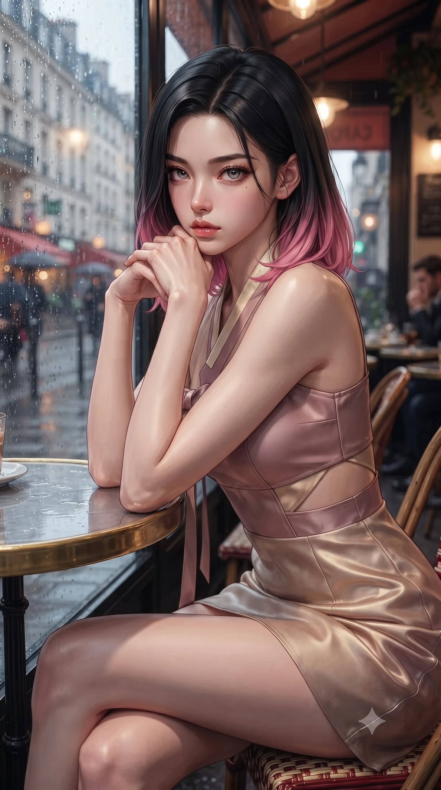 score_9, masterpiece, best quality, ultra-detailed, high-budget anime keyframe, editorial fashion photography, tasteful artistic composition, Korean woman. close-up cowboy shot from the waist and thighs up, the character dominates the composition, filling the frame with her large presence, background elements kept in soft focus. Resting her chin on the backs of her fingers, casting a sharp, mysterious gaze sitting by the wet glass window of a trendy European café during a gentle rainfall, warm indoor cafe glow contrasting beautifully with cool rainy street lighting. She has an exceptionally elegant, slender, and willowy female figure with an ultra-slim waist, a gracefully sculpted slender torso, and a refined silhouette. sharp v-shaped jawline, high-bridge nose, intricate jewel-like eyes with depth, thick eyelashes, glossy lips with a natural sheen. wearing a modern fusion silk hanbok dress with a structured bodice in dusty rose and champagne gold, woven from fine semi-opaque sheer organza, featuring subtle geometric cutouts that highlight her ultra-slim midriff, the sleek second-skin texture accentuating her magnetic presence. surrounded by a vibrant, atmospheric city glow with glistening raindrops. ultra-reflective glossy finish, specular highlights, metallic sheen, high-contrast stereoscopic depth, volumetric dynamic lighting, 2k, ultra detail, master piece, 9:16 ratio