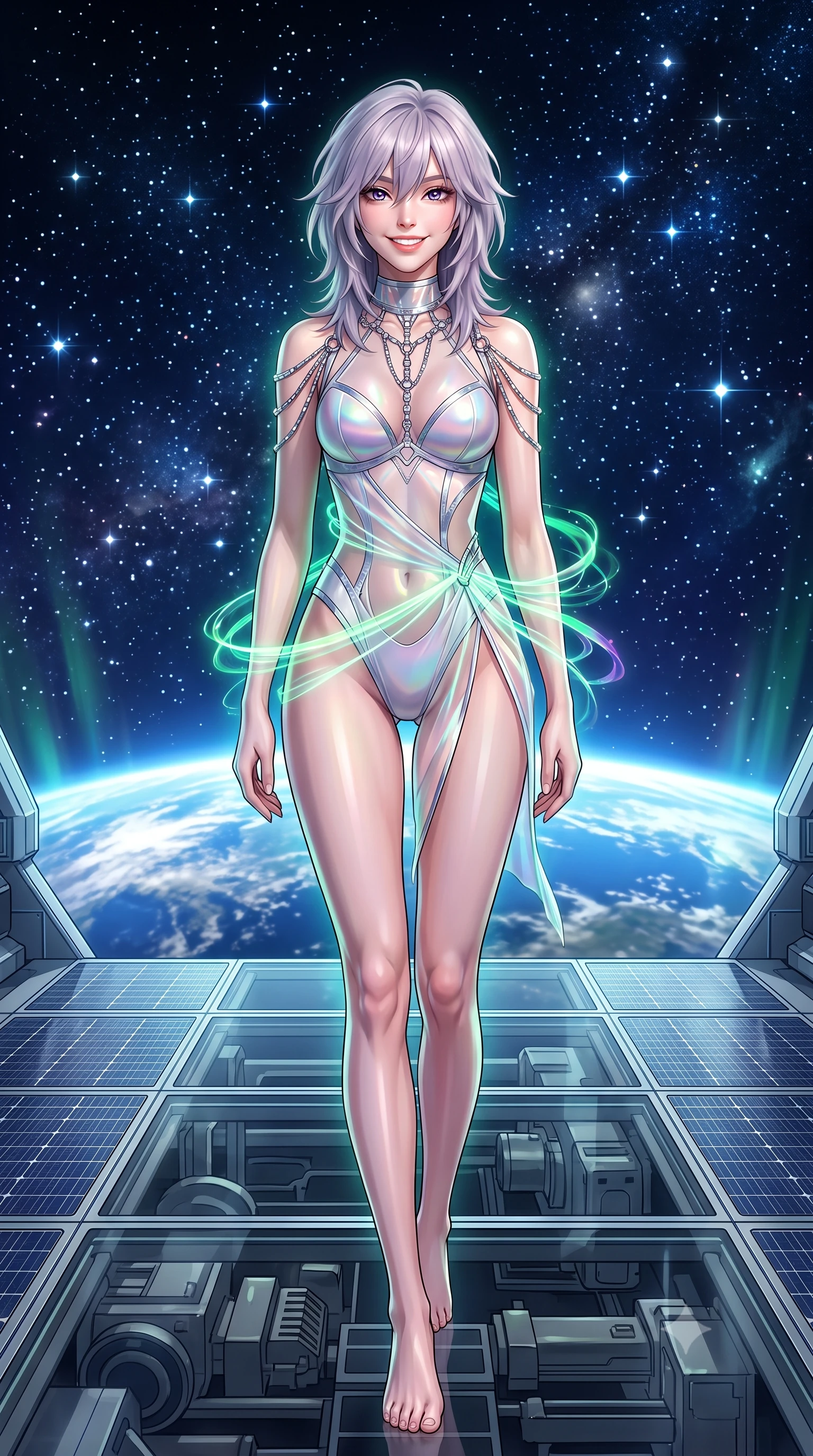 score_9, masterpiece, best quality, ultra-detailed, high-budget anime keyframe, semi-realistic 3D game render, editorial fashion photography, tasteful artistic composition, Japanese woman. low angle full-body shot from head to toe showing her feet, filling the entire 9:16 vertical frame with her statuesque presence, stretching her vertical silhouette. stepping forward in a confident stride, her long slender legs and curvaceous hips creating a dynamic, sweeping vertical line while twisting her slender torso in an alluring contrapposto stance, aurora light ribbons wrapping around her narrow waist and curvy hips. The surrounding environment is rendered in vivid detail and crisp panoramic clarity: sharp transparent titanium deck grid, solar panel photovoltaic cell textures, and brilliant cosmic stars in deep focus. She has an exceptionally tall and slender model-like 8.5-heads proportion, an ultra-slim waist, a flat toned midriff, narrow delicate ribcage, and beautifully sculpted feminine hips creating a graceful, slim hourglass silhouette without any bulky heaviness, with impossibly long slender legs. sharp v-shaped jawline, high-bridge nose, intricate jewel-like sparkling eyes with depth, thick eyelashes, glossy parted lips with a natural peach sheen, bright cheerful beaming smile with an enchanting and coquettish sensual glint, exuding both youthful cute charm and seductive allure, flawlessly proportioned anatomical accuracy, strict slender model proportions, natural body alignment, perfectly sculpted long slender limbs, ultra-slim waistline, clean dynamic posture without body distortion. wearing a provocative sheer-illusion cyber-mesh bodysuit with strategic metallic foil flocking and high-cut leg openings in holographic prismatic pearl and titanium white, crafted from translucent silk organza with an ethereal crystalline sheen, accented with a chrome-drop body harness subtly framing her dewy collarbones and spine, the high-slit wrap tailoring accentuating her ultra-slim waistline and the enchanting curve of her feminine hips with alluring seductive charm. illuminated by Earth albedo reflection bounce and sharp aurora-emerald rim lights sculpting her jawline, narrow waist, and curvy hips. highly saturated vibrant anime colors, detailed shading with soft gradients, rich glossy textures, high-contrast stereoscopic depth, volumetric dynamic lighting, master piece, 9:16 ratio