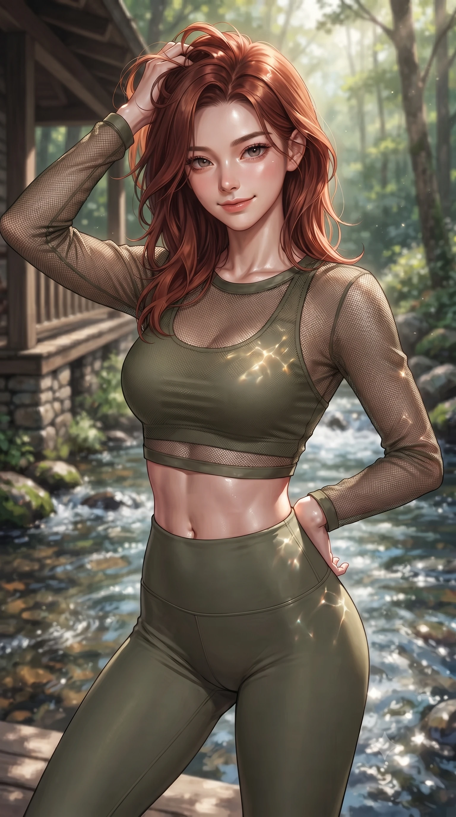 score_9, masterpiece, best quality, ultra-detailed, high-budget anime keyframe, editorial fashion photography, tasteful artistic composition, Korean woman woman. close-up cowboy shot from the waist and thighs up, the character dominates the composition, filling the frame with her large presence, background elements kept in soft focus. smiling with quiet, magnetic self-assurance directly into the camera, running a hand through her hair the background shows a soft-focus a cozy cottage porch beside a bubbling forest stream with clear running water. She has an exceptionally elegant, slender, and willowy female figure with an ultra-slim waist, a gracefully sculpted slender torso, and a refined silhouette. sharp v-shaped jawline, high-bridge nose, intricate jewel-like eyes with depth, thick eyelashes, glossy lips with a natural sheen. wearing a slim-fit sheer mesh long-sleeve crop top in olive green, worn over a matching sports bra and leggings. dappled sunbeams reflecting off the moving water surface onto her form. ultra-reflective glossy finish, specular highlights, metallic sheen, high-contrast stereoscopic depth, volumetric dynamic lighting, 2k, ultra detail, master piece, 9:16 ratio