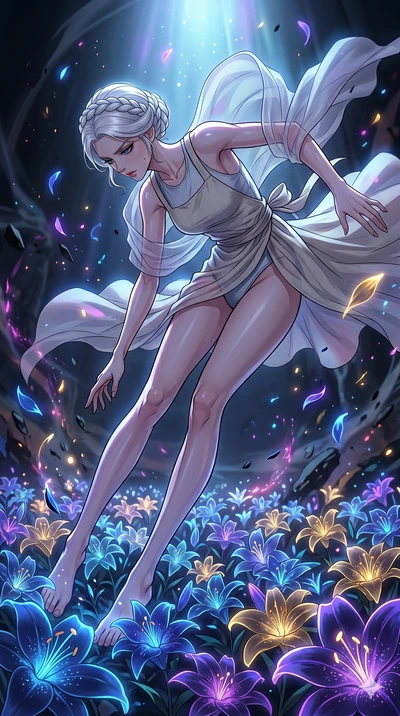 score_9, masterpiece, best quality, ultra-detailed, high-budget anime movie keyframe, cinematic anime lighting, intricate line art, Japanese woman. Low angle cowboy shot capturing a powerful motion and statuesque presence. collapsing onto a bed of gl