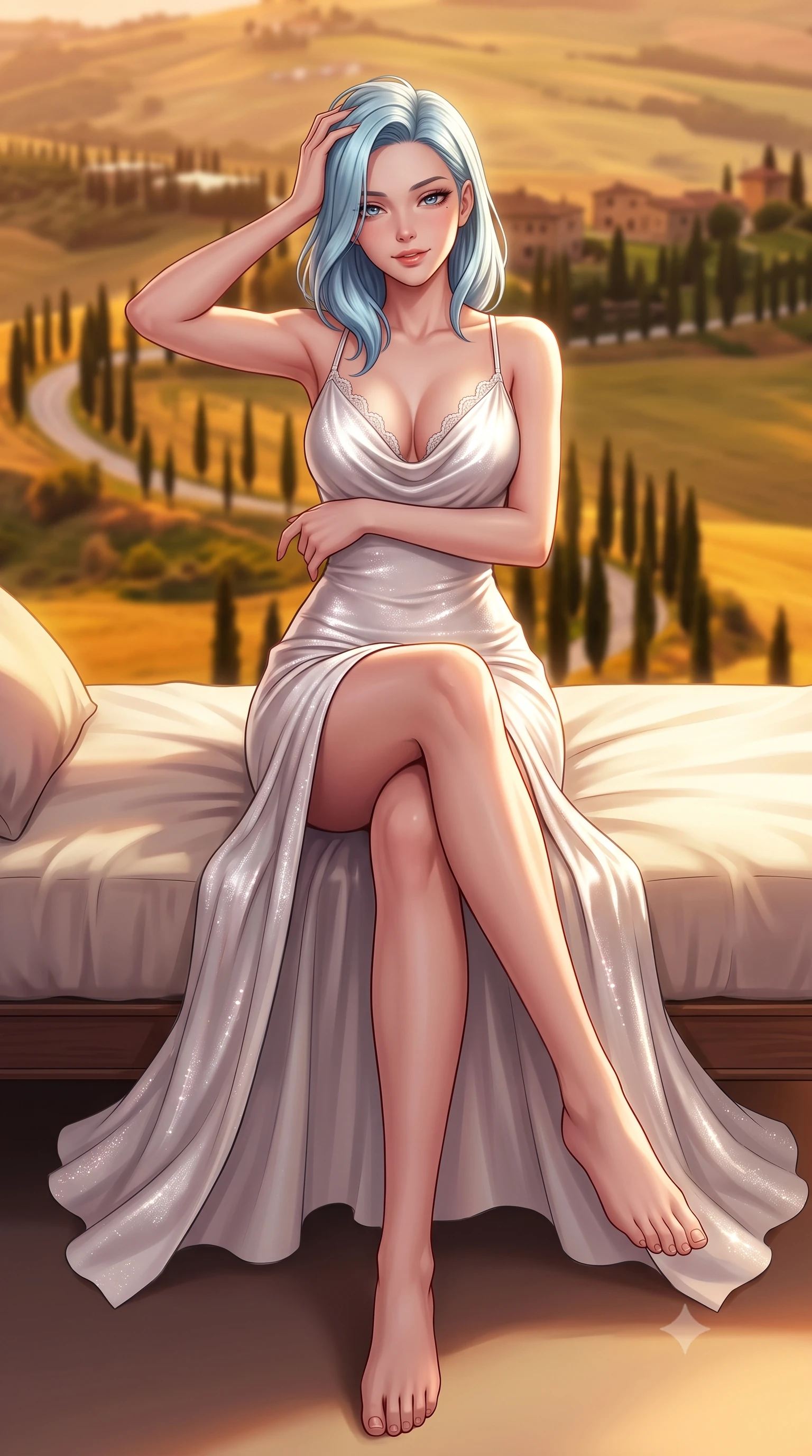 score_9, masterpiece, best quality, ultra-detailed, high-budget anime keyframe, semi-realistic 3D game render, editorial fashion photography, tasteful artistic composition, Korean woman. low angle full-body shot from head to toe showing her feet, filling the entire 9:16 vertical frame with her statuesque presence, stretching her vertical silhouette. lounging on the lavish daybed with legs crossed and hips angled toward the camera, displaying her toned midriff and long slender limbs with effortless siren poise while twisting her slender torso in an alluring contrapposto stance, warm Tuscan breeze fluttering her gown around her long slender legs and curvy hips. The background shows a soft-focus rolling golden hills of Val d'Orcia, winding rows of dark green cypress trees, and ancient stone farmhouses blurred into amber, terracotta, and olive-gold bokeh. She has an absolutely perfect, statuesque 8.5-heads proportion, an exceptionally tall and slender model-like female figure with impossibly long slender legs, an ultra-slim waist, a flat toned midriff, narrow delicate ribcage, and beautifully sculpted feminine hips creating a graceful, slim hourglass silhouette without any bulky heaviness. sharp v-shaped jawline, high-bridge nose, sparkling eyes with hypnotic seductive depth, thick curled eyelashes, glossy parted lips with a natural dewy peach sheen, alluring bedroom-eyes with an enchanting coquettish smile, exuding magnetic siren charisma and sophisticated glamour, flawlessly proportioned anatomical accuracy, strict slender model proportions, natural body alignment, perfectly sculpted long slender limbs, ultra-slim waistline, clean dynamic posture without body distortion. wearing a plunging cowl-neck liquid silk satin slip gown with daring hip-high slit and delicate pearl spaghetti straps in pure pearl alabaster with platinum sheen, woven from stretch metallic lurex jersey casting radiant starlight glints across her silhouette, finished with scalloped eyelash lace trim framing her sweetheart neckline with intimate elegance, the form-contouring silhouette accentuating her sculpted flat midriff, narrow delicate ribcage, and gracefully curvy hips with intoxicating allure. bathed in the deep, rich golden hour sunlight streaming horizontally across the Tuscan rolling hills. highly saturated vibrant anime colors, detailed shading with soft gradients, rich glossy textures, high-contrast stereoscopic depth, volumetric dynamic lighting, master piece, 9:16 ratio