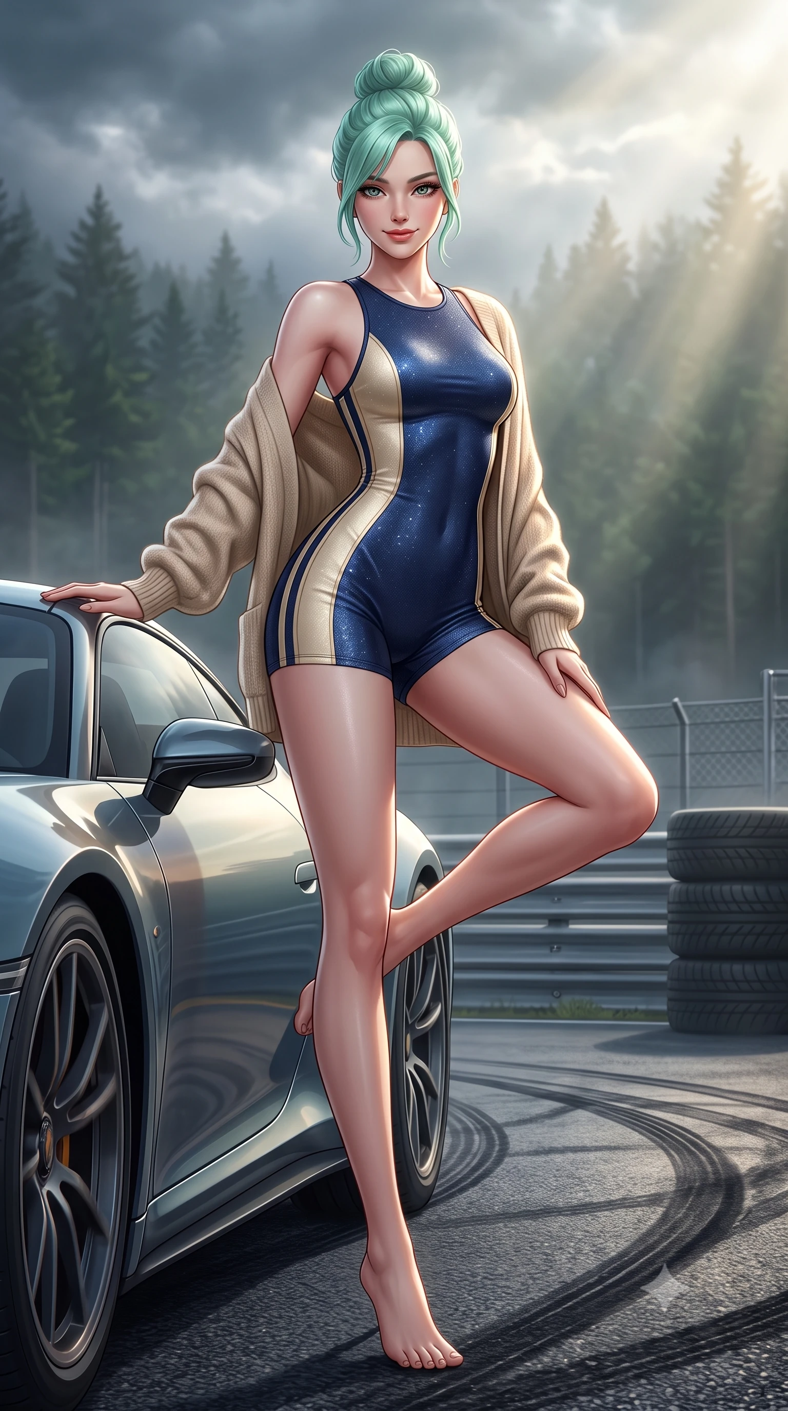 score_9, masterpiece, best quality, ultra-detailed, high-budget anime keyframe, semi-realistic 3D game render, editorial fashion photography, tasteful artistic composition, Japanese woman. low angle full-body shot from head to toe showing her feet, filling the entire 9:16 vertical frame with her statuesque presence, stretching her vertical silhouette. standing in a tall, confident posture with one hand on the sports car roof, stretching her statuesque body as she arches her lower back to emphasize her sculpted feminine hips and slender waist while lounging in a heated team hospitality booth with one knee drawn up, her sleek racing outfit commanding the misty Belgian forest circuit. The surrounding environment is rendered in vivid detail and crisp panoramic clarity: sharp rubber skid mark patterns on tarmac, tire stack texture, and steel safety barrier rivets in deep focus. She has an absolutely perfect, statuesque 8.5-heads proportion, an exceptionally tall and slender model-like female figure with impossibly long slender legs, an ultra-slim waist, a flat toned midriff, narrow delicate ribcage, and beautifully sculpted feminine hips creating a graceful, slim hourglass silhouette without any bulky heaviness. sharp v-shaped jawline, high-bridge nose, sparkling eyes with athletic focus and depth, thick curled eyelashes, glossy parted lips with a natural coral-peach sheen, bright confident and coquettish smile with alluring bedroom-eyes, exuding both youthful sporty vigor and sovereign high-society glamour, flawlessly proportioned anatomical accuracy, strict slender model proportions, natural body alignment, perfectly sculpted long slender limbs, ultra-slim waistline, clean dynamic posture without body distortion. wearing a bodycon racerback athletic romper with high-cut leg openings and side racing stripe tape accentuating her curvy hips in Monaco navy blue and cream champagne gold, woven from metallic lurex and technical nylon with subtle starlight glints, complemented by an oversized cashmere knit cardigan slipping off one bare shoulder, the liquid-tight tailored fabric clinging flawlessly to her narrow waist and rounded feminine hips, emphasizing every millimeter of her sculpted slim hourglass curves without any bulky heaviness. bathed in dynamic shifting Ardennes sunbeams breaking through moody forest clouds. highly saturated vibrant anime colors, detailed shading with soft gradients, rich glossy textures, high-contrast stereoscopic depth, volumetric dynamic lighting, master piece, 9:16 ratio