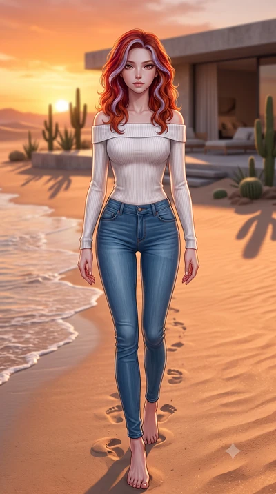 score_9, masterpiece, best quality, ultra-detailed, high-budget anime keyframe, editorial fashion photography, tasteful artistic composition, Caucasian woman woman. low angle full-body shot from head to toe showing her feet, filling the entire 9:16 v