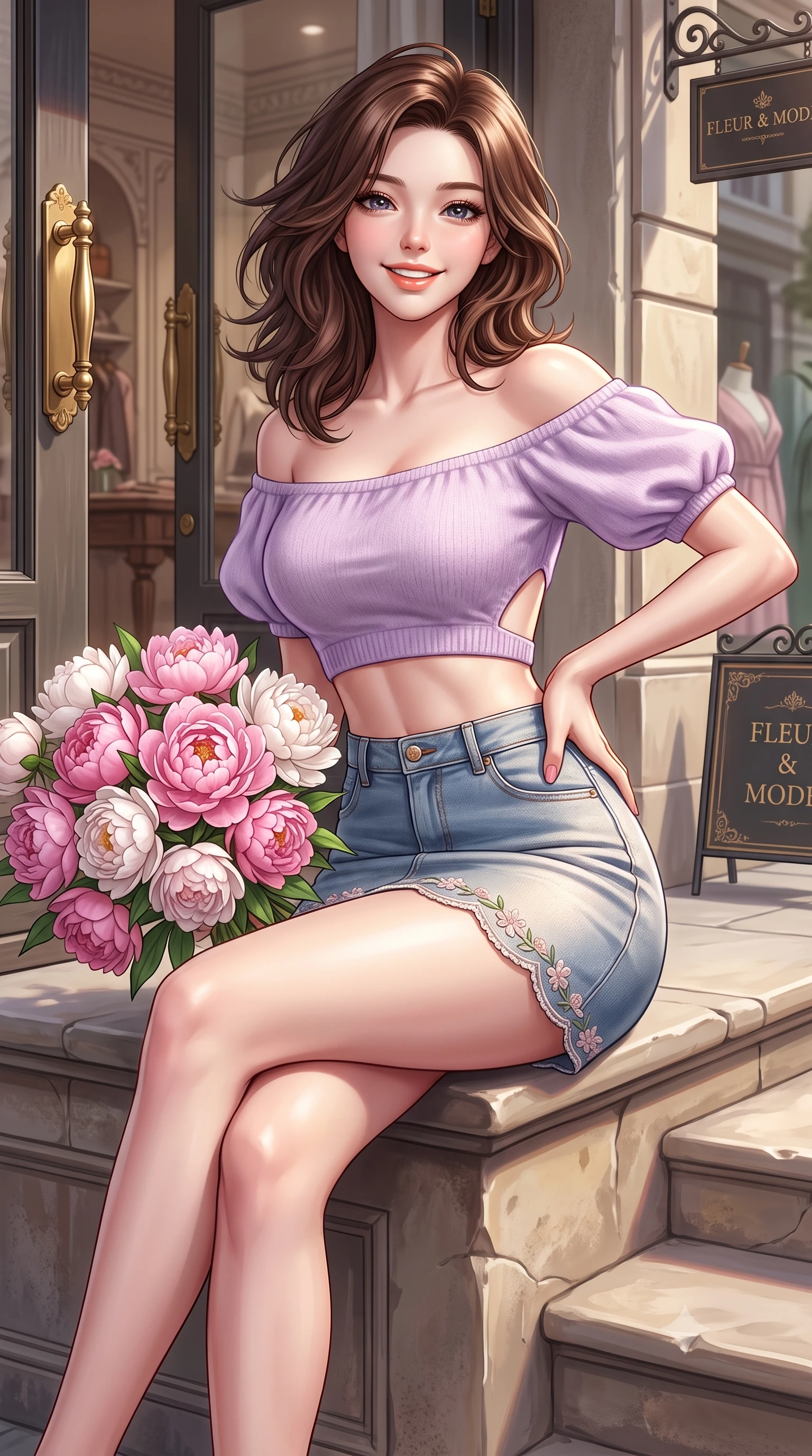 score_9, masterpiece, best quality, ultra-detailed, high-budget anime keyframe, semi-realistic 3D game render, editorial fashion photography, tasteful artistic composition, Korean woman. close-up cowboy shot from the waist and thighs up, the character dominates the composition, filling the frame with her large presence. twisting her slender torso in an alluring contrapposto stance, one hand resting on her sculpted hip while flashing a radiant, playful smile with parted glossy lips while sitting perched on the boutique terrace ledge with legs crossed, holding a bouquet of fresh peonies with a radiant, coquettish expression. The surrounding environment is rendered in vivid detail and crisp panoramic clarity. sharp flower petal textures, smooth stone step edges, and brass boutique door hardware in deep focus. She has an exceptionally elegant, slender, and willowy female figure with an ultra-slim waist, flat toned midriff, narrow ribcage, and sculpted feminine hips creating an alluring, slim hourglass silhouette without bulk. sharp v-shaped jawline, high-bridge nose, intricate jewel-like sparkling eyes with depth, thick eyelashes, glossy parted lips with a natural peach sheen, bright cheerful beaming smile with an enchanting and coquettish sensual glint, exuding both youthful cute charm and seductive allure, flawlessly proportioned anatomical accuracy, strict slender model proportions, natural body alignment, perfectly sculpted long slender limbs, ultra-slim waistline, clean dynamic posture without body distortion. wearing an off-shoulder puff-sleeve crop blouse with a tight high-waisted denim A-line mini skirt emphasizing her curvy hips in soft lilac and champagne shimmer, crafted from soft cozy cashmere yarn with an airy drape, complemented by delicate embroidered floral trim along the hem, the precision-cut side openings and low-back scoop framing her graceful spine and the sensual sweep of her slim, toned hips. illuminated by crisp directional highlights accentuating her sculpted midriff, narrow waist, and curvy hips. highly saturated vibrant anime colors, detailed shading with soft gradients, rich glossy textures, high-contrast stereoscopic depth, volumetric dynamic lighting, master piece, 9:16 ratio