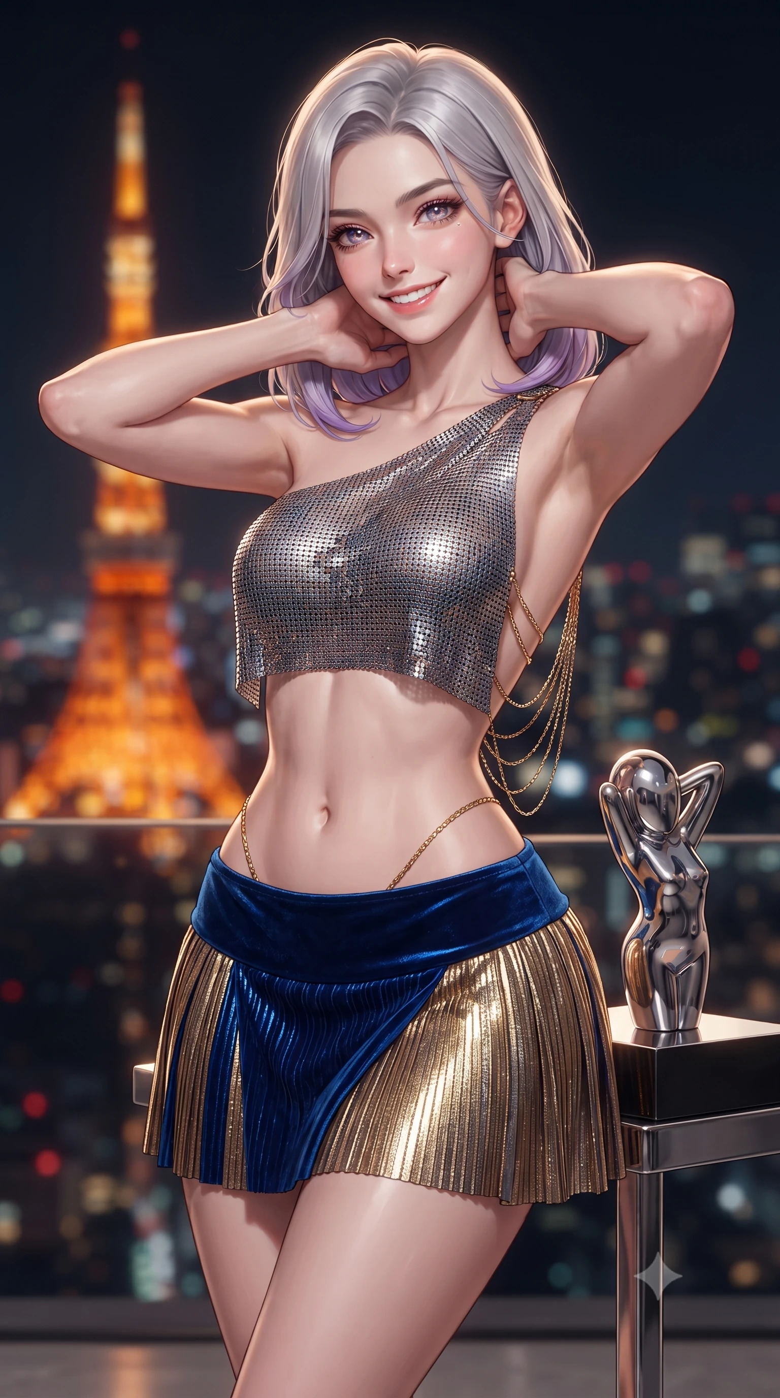 score_9, masterpiece, best quality, ultra-detailed, high-budget anime keyframe, editorial fashion photography, tasteful artistic composition, Caucasian woman. close-up cowboy shot from the waist and thighs up, the character dominates the composition, filling the frame with her large presence. resting both hands lightly behind her neck with elbows raised, arching her spine to highlight her narrow waist, flat midriff, and breathtaking collarbones while leaning against the pedestal of a contemporary chrome sculpture with hips cocked back, casting an intoxicating bedroom-gaze. The background shows a soft-focus the iconic glowing orange beacon of Tokyo Tower and endless sea of metropolitan lights blurred into scarlet, gold, and obsidian bokeh. She has an exceptionally elegant, slender, and willowy female figure with an ultra-slim waist, flat toned midriff, narrow ribcage, and sculpted feminine hips creating an alluring, slim hourglass silhouette without bulk. sharp v-shaped jawline, high-bridge nose, intricate jewel-like sparkling eyes with depth, thick eyelashes, glossy parted lips with a natural peach sheen, bright cheerful beaming smile with an enchanting and coquettish sensual glint, exuding both youthful cute charm and seductive allure, flawlessly proportioned anatomical accuracy, strict slender model proportions, natural body alignment, perfectly sculpted long slender limbs, ultra-slim waistline, clean dynamic posture without body distortion. wearing an asymmetric one-shoulder metallic chainmail crop top paired with an ultra-low-rise velvet mini skirt in Burj Arabian royal sapphire blue and molten gold, crafted from delicate pleated metallic lamé catching dynamic light with every step, accented with an open-back drape framed by falling strands of delicate gold chains, the liquid-tight tailored fabric clinging flawlessly to her narrow waist and rounded feminine hips, emphasizing every millimeter of her sculpted slim hourglass curves without any bulky heaviness. illuminated by gallery recessed downlights and crisp amber-gold rim lights defining her dewy collarbones, narrow waist, and curvy hips. ultra-reflective glossy finish, specular highlights, rich textural contrasts, high-contrast stereoscopic depth, volumetric dynamic lighting, 2k, ultra detail, master piece, 9:16 ratio