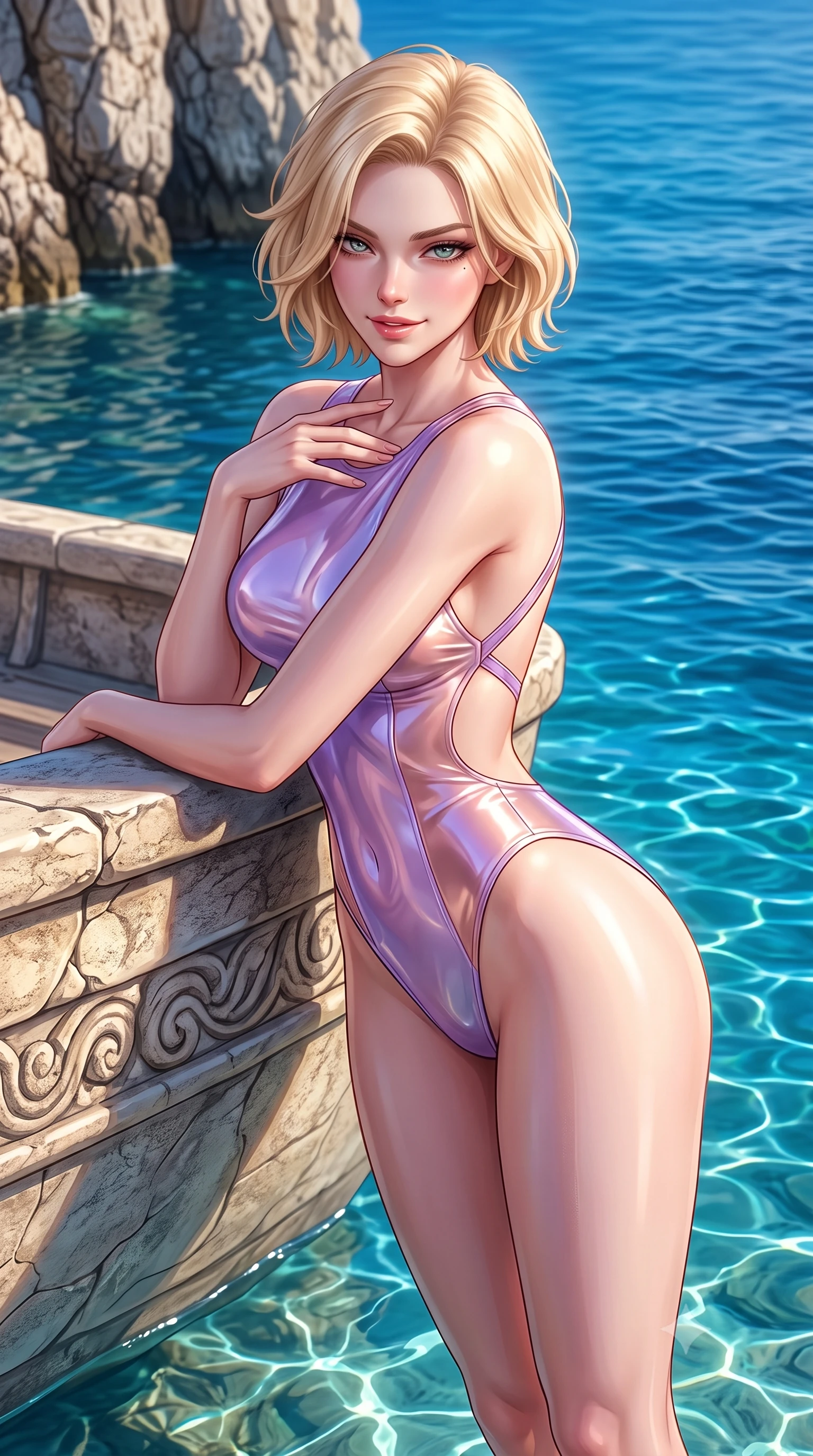 score_9, masterpiece, best quality, ultra-detailed, high-budget anime keyframe, semi-realistic 3D game render, editorial fashion photography, tasteful artistic composition, Caucasian woman. close-up cowboy shot from the waist and thighs up, the character dominates the composition, filling the frame with her large presence. leaning forward with a dangerous, enticing smolder, resting one hand near her collarbone while casting a fiery, magnetic direct gaze while resting her elbows on the boat hull with an alluring, bedroom-eyed smile looking directly into the camera. The surrounding environment is rendered in vivid detail and crisp panoramic clarity. intricate limestone rock textures, razor-sharp glowing water caustics, and fine water ripples in deep focus. She has an exceptionally elegant, slender, and willowy female figure with an ultra-slim waist, a gracefully sculpted slender torso, toned flat midriff, and a refined slim silhouette. sharp v-shaped jawline, high-bridge nose, intricate jewel-like eyes with depth, thick eyelashes, glossy lips with a natural sheen, flawlessly proportioned anatomical accuracy, strict slender model proportions, natural body alignment, perfectly sculpted long slender limbs, ultra-slim waistline, clean dynamic posture without body distortion. wearing a high-cut translucent vinyl leotard with front paneling, exposed side-rib cutouts, and an open back in luminous lavender violet and rose gold, crafted from ultra-reflective second-skin latex with a high-gloss glass-like polish, complemented by criss-cross back straps highlighting her completely bare spine, the form-contouring material adhering flawlessly to her sculpted flat midriff and slender torso, emphasizing her long leg lines and perfectly proportioned willowy build. surrounded by a mystical, enchanting, and breathtakingly sensual Mediterranean mermaid-goddess aura. highly saturated vibrant anime colors, detailed shading with soft gradients, rich glossy textures, high-contrast stereoscopic depth, volumetric dynamic lighting, master piece, 9:16 ratio