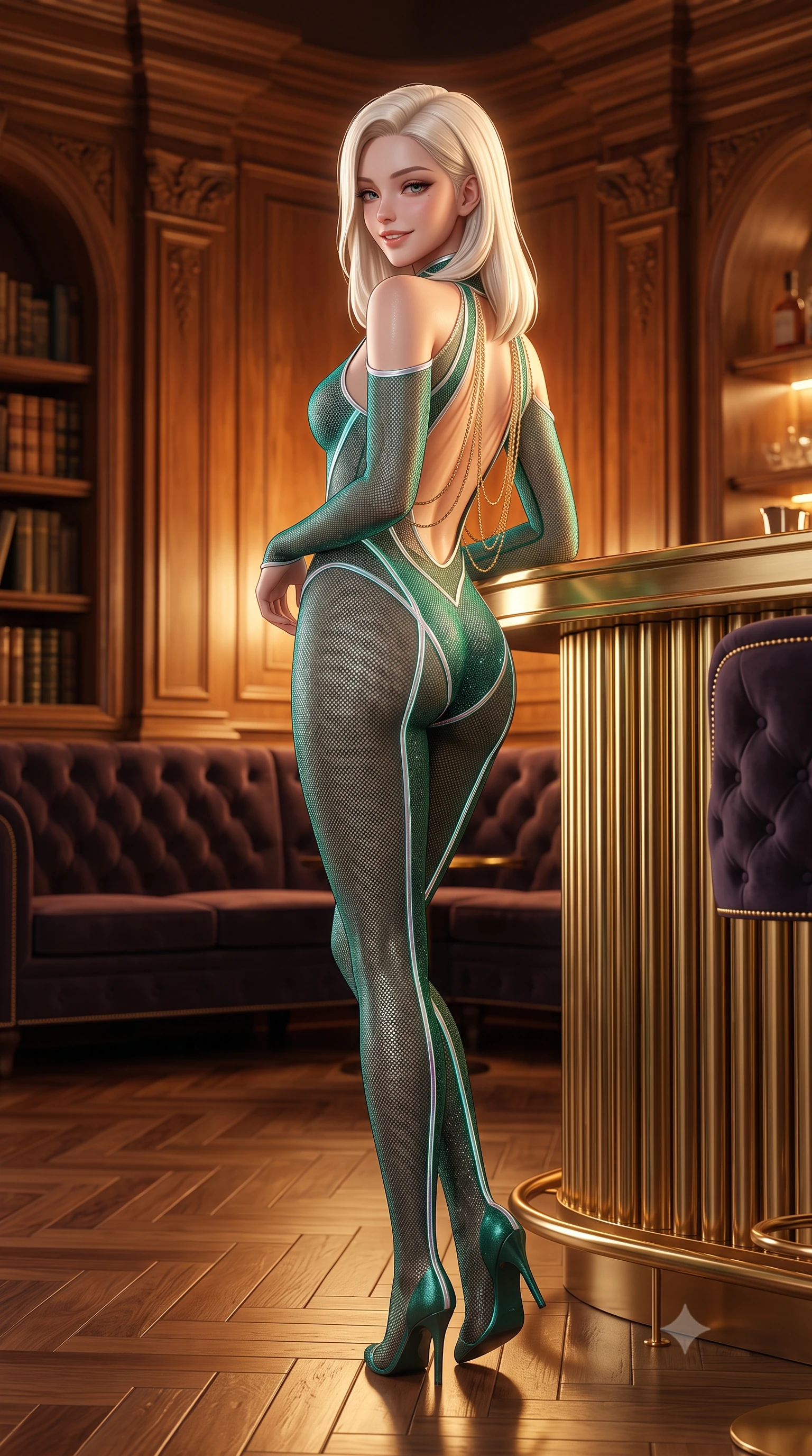 score_9, masterpiece, best quality, ultra-detailed, high-budget anime keyframe, semi-realistic 3D game render, editorial fashion photography, tasteful artistic composition, Caucasian woman. low angle full-body shot from head to toe showing her feet, filling the entire 9:16 vertical frame with her statuesque presence, stretching her vertical silhouette. stepping slowly toward the camera with hypnotic grace, hips swaying in an alluring sensual rhythm that accentuates her curvy hourglass silhouette and long slender legs while leaning against the fluted brass bar counter with hips cocked back, looking over a bare shoulder with heavy-lidded bedroom-eyes. The surrounding environment is rendered in vivid detail and crisp panoramic clarity: sharp carved oak book stack mouldings, fluted solid brass counter face, and button-tufted velvet seams in deep focus. She has an exceptionally tall and slender model-like 8.5-heads proportion, an ultra-slim waist, a flat toned midriff, narrow delicate ribcage, and beautifully sculpted feminine hips creating a graceful, slim hourglass silhouette without any bulky heaviness, with impossibly long slender legs. sharp v-shaped jawline, high-bridge nose, intricate jewel-like sparkling eyes with depth, thick eyelashes, glossy parted lips with a natural peach sheen, bright cheerful beaming smile with an enchanting and coquettish sensual glint, exuding both youthful cute charm and seductive allure, flawlessly proportioned anatomical accuracy, strict slender model proportions, natural body alignment, perfectly sculpted long slender limbs, ultra-slim waistline, clean dynamic posture without body distortion. wearing a provocative cyber-mesh sheer bodysuit with luminescent holographic fiber piping contouring her hourglass frame in Nordic aurora emerald green and starlight silver, woven from stretch metallic lurex jersey casting radiant starlight glints across her curves, accented with an open-back drape framed by falling strands of delicate gold chains, the second-skin tailored fabric adhering flawlessly to her sculpted flat midriff and slender torso, emphasizing her long leg lines and perfectly proportioned willowy build. illuminated by polished parquet reflection bounce and sharp champagne-gold rim lights defining her dewy collarbones, ultra-slim waist, and curvy hips. highly saturated vibrant anime colors, detailed shading with soft gradients, rich glossy textures, high-contrast stereoscopic depth, volumetric dynamic lighting, master piece, 9:16 ratio