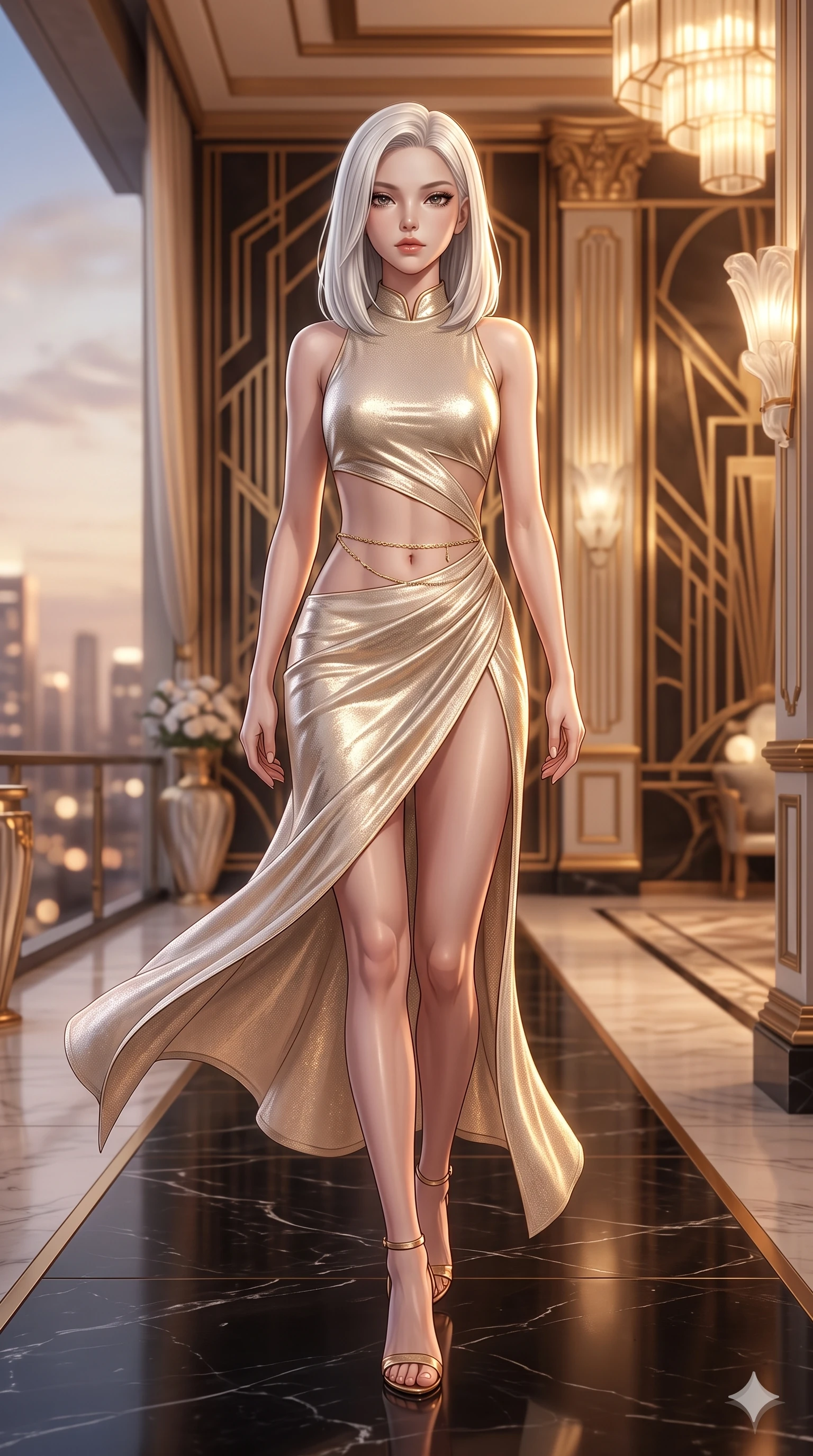 score_9, masterpiece, best quality, ultra-detailed, high-budget anime keyframe, semi-realistic 3D game render, editorial fashion photography, tasteful artistic composition, Korean woman. low angle full-body shot from head to toe showing her feet, filling the entire 9:16 vertical frame with her statuesque presence, stretching her vertical silhouette. striding across the penthouse terrace as river breezes whip her high-slit dress open, accentuating her long slender legs and curvy hips while walking slowly down the polished black marble ballroom aisle with hypnotic grace, hips swaying in an alluring sensual rhythm that accentuates her curvy hourglass silhouette. The background shows a soft-focus towering geometric brass art deco murals, sculpted frosted Lalique glass fixtures, and antique gilded pilasters blurred into champagne, bronze, and cream bokeh. She has an exceptionally tall and slender model-like 8.5-heads proportion, an ultra-slim waist, a flat toned midriff, narrow delicate ribcage, and beautifully sculpted feminine hips creating a graceful, slim hourglass silhouette without any bulky heaviness, with impossibly long slender legs. sharp v-shaped jawline, high-bridge nose, intricate jewel-like sparkling eyes with depth, thick eyelashes, glossy parted lips with a natural sheen, intensely captivating and seductive bedroom-eyes expression, exuding both youthful cute charm and sovereign luxury allure, flawlessly proportioned anatomical accuracy, strict slender model proportions, natural body alignment, perfectly sculpted long slender limbs, ultra-slim waistline, clean dynamic posture without body distortion. wearing a wet-look silk fusion wrap dress with asymmetrical sheer mesh cutouts and high Mandarin collar in Istrian stone cream and antique gold-leaf, woven from stretch metallic lurex jersey casting radiant starlight glints across her curves, accented with a dainty gold belly chain resting across her flat midriff and curving hips, the form-contouring material adhering flawlessly to her sculpted flat midriff and slender torso, emphasizing her long leg lines and perfectly proportioned willowy build. bathed in the majestic, warm 2600K amber glow of geometric Lalique glass fixtures filtering through brass lattices. highly saturated vibrant anime colors, detailed shading with soft gradients, rich glossy textures, high-contrast stereoscopic depth, volumetric dynamic lighting, master piece, 9:16 ratio