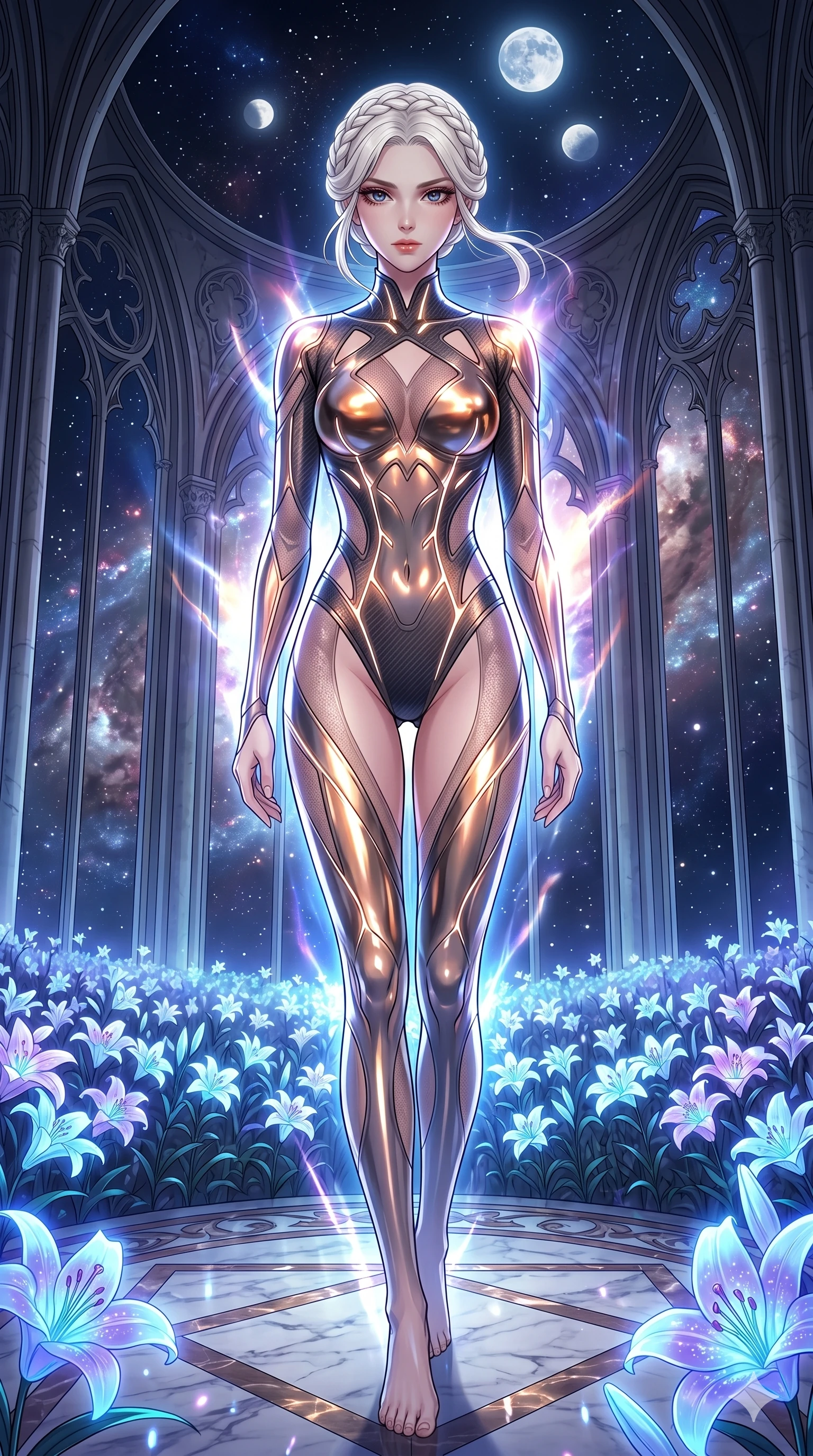 score_9, masterpiece, best quality, ultra-detailed, High-budget Anime Keyframe, vibrant colors, fluid line-art, expressive lighting, cinematic composition, Ufotable-style visual effects, top-tier animation quality, Japanese woman with delicate and elegant anime-inspired features. Low angle cowboy shot filling the entire 9:16 frame with her statuesque presence, looking up to emphasize her height. Walking gracefully through a field of bioluminescent lilies that glow brighter as she passes, under a sky filled with three moons. She has an absolutely perfect 8-heads proportion, an exceptionally tall and slender female figure with impossibly long slender legs and an ultra-slim waist, her statuesque height and towering silhouette dominating the vertical 9:16 frame. Her face is a masterpiece featuring a sharp v-shaped jawline, high-bridge nose, intricate jewel-like eyes with depth, thick eyelashes, and glossy lips with a natural sheen. She is wearing a Molten metal-look bodysuit with daring cut-outs and a high-cut silhouette crafted from Carbon-fiber weave with a high-tech matte finish and integrated glowing filaments, with sheer fabric transparency over her delicate curves and a high-cut silhouette. The scene is set in a majestic gothic cathedral in deep space with massive windows overlooking a swirling nebula, illuminated by intense energy flares from her powers illuminating the scene with brilliant light. 2k, ultra detail, master piece, 9:16 ratio