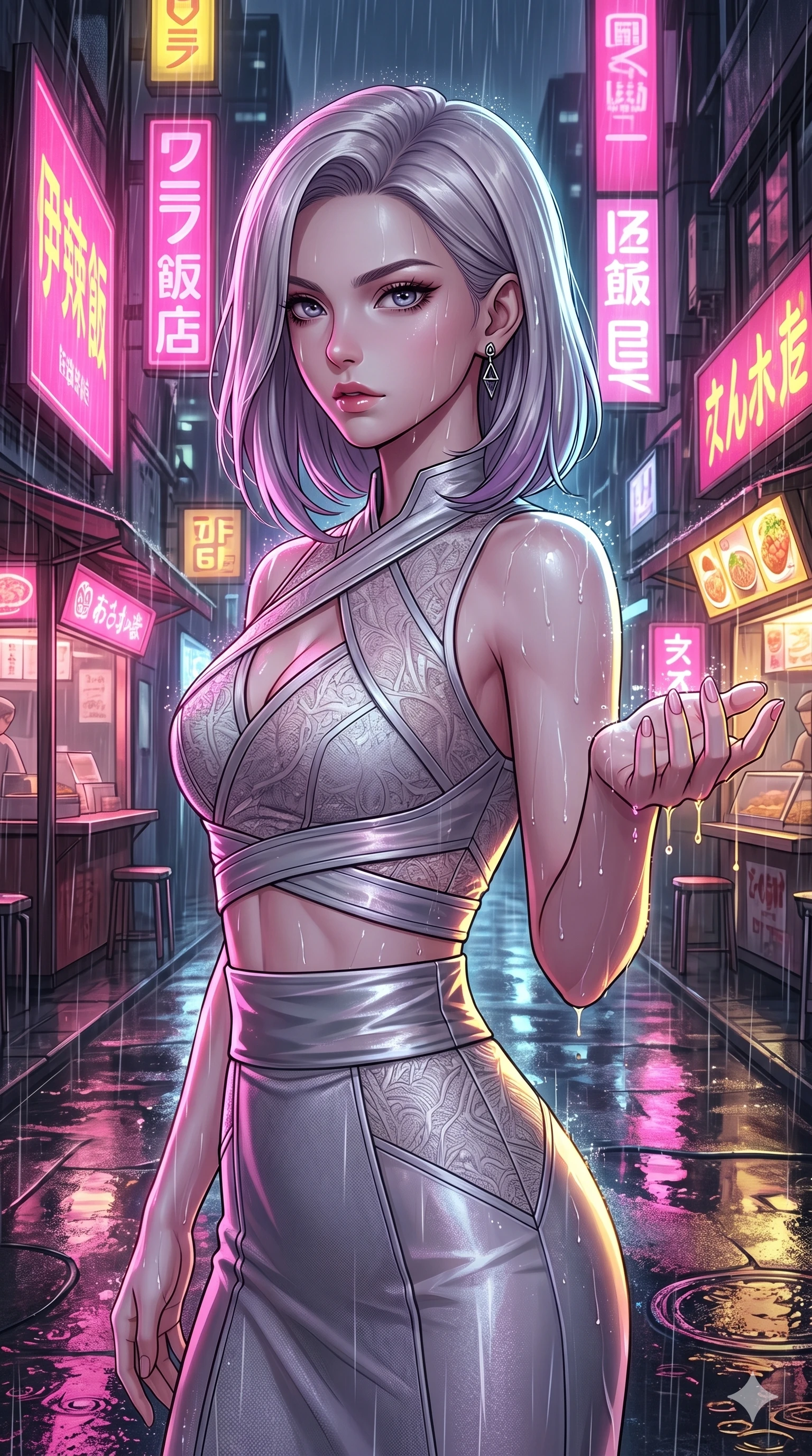 score_9, masterpiece, best quality, ultra-detailed, high-budget anime keyframe, Caucasian woman, strictly human ears. Upper body close-up from the thighs up, character filling the screen for maximum presence. She is turning around sharply in a futuristic night market, with rain reflections on wet asphalt. She reaches out a hand to catch neon-lit rain droplets with an intense, magnetic gaze. She has an absolutely perfect 8-heads proportion, a tall and elegant figure with a refined silhouette and a defined waistline. V-shaped jawline, high-bridge nose, intricate jewel-like eyes with depth, thick eyelashes, glossy lips with a natural sheen. She is wearing a cropped cyber-fusion wrap top with delicate textured panels, a geometric crossover collar, and a high-waisted metallic sash highlighting her defined waistline. The scene is lit by bright pink and yellow neon billboards and a sharp white key light tracing her silhouette. 2k, ultra detail, master piece, 9:16 ratio