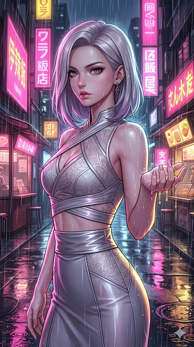 score_9, masterpiece, best quality, ultra-detailed, high-budget anime keyframe, Caucasian woman, strictly human ears. Upper body close-up from the thighs up, character filling the screen for maximum presence. She is turning around sharply in a futuri