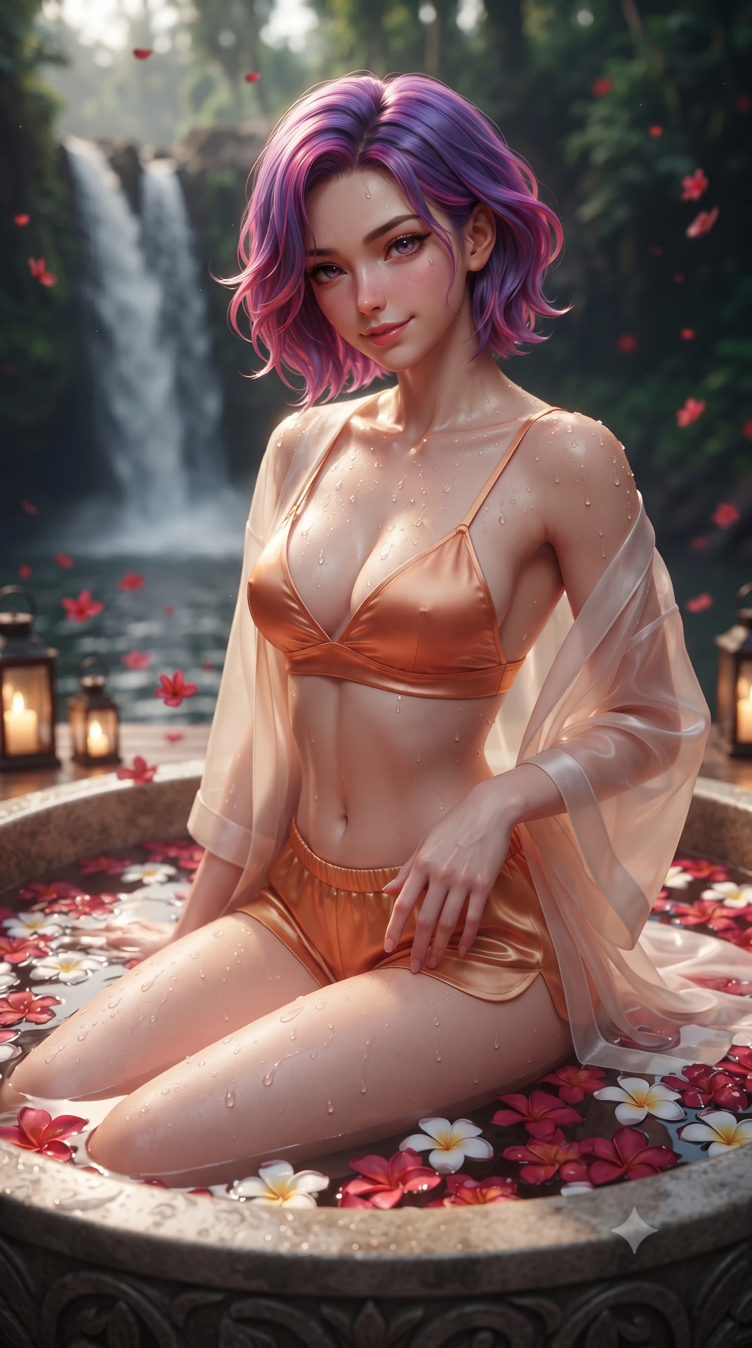 score_9, masterpiece, best quality, ultra-detailed, high-budget anime keyframe, editorial fashion photography, tasteful artistic composition, Caucasian woman. close-up cowboy shot from the waist and thighs up, the character dominates the composition, filling the frame with her large presence. tilting her head with a teasing half-smile, running one hand slowly down the side of her hip in a flirtatious S-curve as ambient light caresses her silhouette while sitting poised inside the colossal carved river-stone soaking tub filled with crimson and white frangipani petals, arching her spine with wet-look siren grace. The background shows a soft-focus roaring natural waterfall pouring over jungle cliffs behind, floating red frangipani petals on water, and dark rainforest canopy blurred into ruby, jade, and amber bokeh. She has an exceptionally elegant, slender, and willowy female figure with an ultra-slim waist, flat toned midriff, narrow ribcage, and sculpted feminine hips creating an alluring, slim hourglass silhouette without bulk. sharp v-shaped jawline, high-bridge nose, sparkling eyes with hypnotic seductive depth, thick curled eyelashes, glossy parted lips with a natural dewy peach sheen, alluring bedroom-eyes with an enchanting coquettish smile, exuding magnetic siren charisma and sophisticated glamour, flawlessly proportioned anatomical accuracy, strict slender model proportions, natural body alignment, perfectly sculpted long slender limbs, ultra-slim waistline, clean dynamic posture without body distortion. wearing a sheer silk organza modern kimono robe worn loose and slipping off bare shoulders over a matching satin bralette and micro-shorts in Bali tropical frangipani coral and warm honey, crafted from fluid liquid silk satin that clings smoothly to every curve with a dewy sheen, finished with glistening drops of hot spring or lagoon water beading across her sculpted shoulders and collarbones, the form-contouring silhouette accentuating her sculpted flat midriff, narrow delicate ribcage, and gracefully curvy hips with intoxicating allure. bathed in soft 2400K concealed warm LED cove lighting glowing beneath the ironwood platform mixed with candle lanterns. ultra-reflective glossy finish, specular highlights, rich textural contrasts, high-contrast stereoscopic depth, volumetric dynamic lighting, 2k, ultra detail, master piece, 9:16 ratio