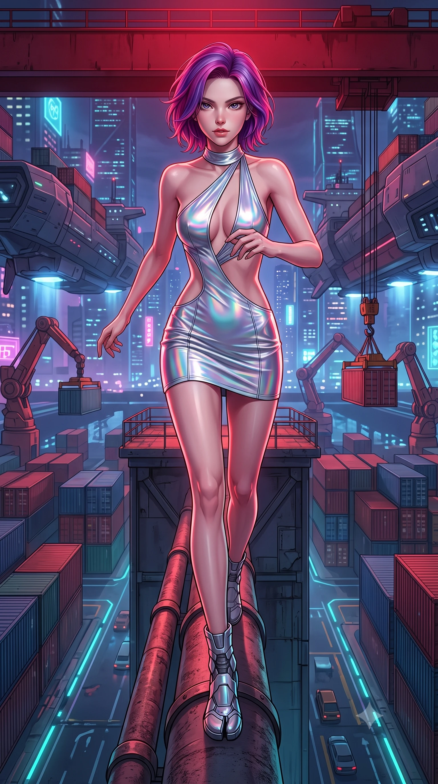 score_9, masterpiece, best quality, ultra-detailed, high-budget anime keyframe, editorial fashion photography, tasteful artistic composition, Caucasian woman, strictly human ears. low angle full-body shot from head to toe showing her feet, filling the entire 9:16 vertical frame with her statuesque presence, stretching her vertical silhouette. dashing forward aggressively along a narrow pipe high above the neon city grid through a crane control deck overlooking a container port, massive hover-ships loading cargo in the background. She has a statuesque 8.5-heads proportion, an exceptionally tall, slender and willowy model-like build with impossibly long legs and a highly sculpted ultra-slim waist. sharp v-shaped jawline, high-bridge nose, intricate jewel-like eyes with depth, thick eyelashes, glossy lips with a natural sheen. wearing tailored for maximum mobility, sleek form-contouring panels that allow fluid movement, a form-contouring holographic silver mini dress featuring a dramatic open-waist cutout and a plunging asymmetric halter neck, highlighting her slender waist. highly saturated vibrant anime colors, intense vivid color palette, soft 3D volumetric shading, volumetric dynamic lighting, deep crimson theatrical lighting with sharp specular highlights on every curve. 2k, ultra detail, master piece, 9:16 ratio
