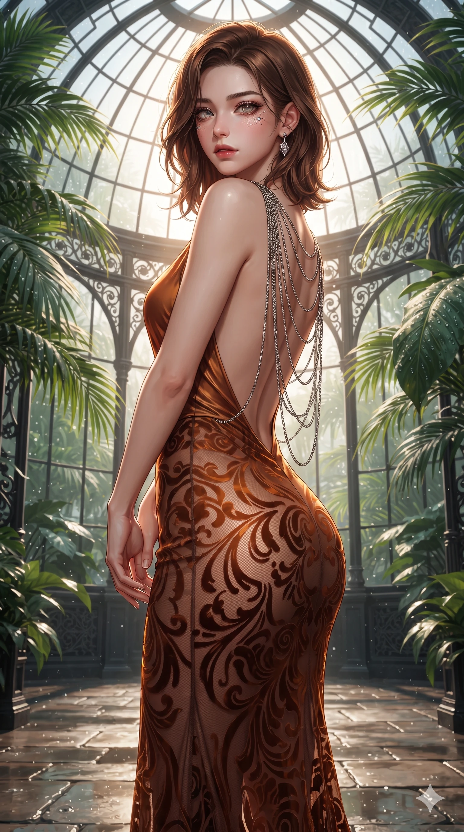score_9, masterpiece, best quality, ultra-detailed, high-budget anime keyframe, editorial fashion photography, tasteful artistic composition, Korean woman. close-up cowboy shot from the waist and thighs up, the character dominates the composition, filling the frame with her large presence. twisting her slender torso in a deep contrapposto stance, hips dramatically shifted to accentuate her feminine curves while looking past her shoulder with smoldering bedroom-eyes while standing poised beneath the soaring curved glass dome as afternoon sunbeams lance through exotic palm fronds, arching her spine with ethereal siren poise. The surrounding environment is rendered in vivid detail and crisp panoramic clarity: sharp cast-iron botanical scrollwork, moisture droplets on glossy palm leaves, and crisp glass dome mullions in deep focus. She has an exceptionally elegant, slender, and willowy female figure with an ultra-slim waist, flat toned midriff, narrow ribcage, and sculpted feminine hips creating an alluring, slim hourglass silhouette without bulk. sharp v-shaped jawline, high-bridge nose, intricate jewel-like sparkling eyes with depth, thick eyelashes, glossy parted lips with a natural sheen, intensely captivating and seductive bedroom-eyes expression, exuding both youthful cute charm and sovereign luxury allure, flawlessly proportioned anatomical accuracy, strict slender model proportions, natural body alignment, perfectly sculpted long slender limbs, ultra-slim waistline, clean dynamic posture without body distortion. wearing a liquid-silk jersey evening gown with an ultra-deep plunging open back descending to the base of her spine and a sculpted hip-hugging skirt in rich copper bronze and warm amber, made of sheer contouring power-mesh with velvet flocking patterns, accented with an open-back drape framed by falling strands of delicate chrome chains, the impeccably tailored cut draping gracefully along her slender figure with aristocratic poise. illuminated by wet flagstone floor reflections and sharp emerald-gold rim lights sculpting her razor-sharp jawline, narrow waist, and curvy hips. ultra-reflective glossy finish, specular highlights, rich textural contrasts, high-contrast stereoscopic depth, volumetric dynamic lighting, 2k, ultra detail, master piece, 9:16 ratio