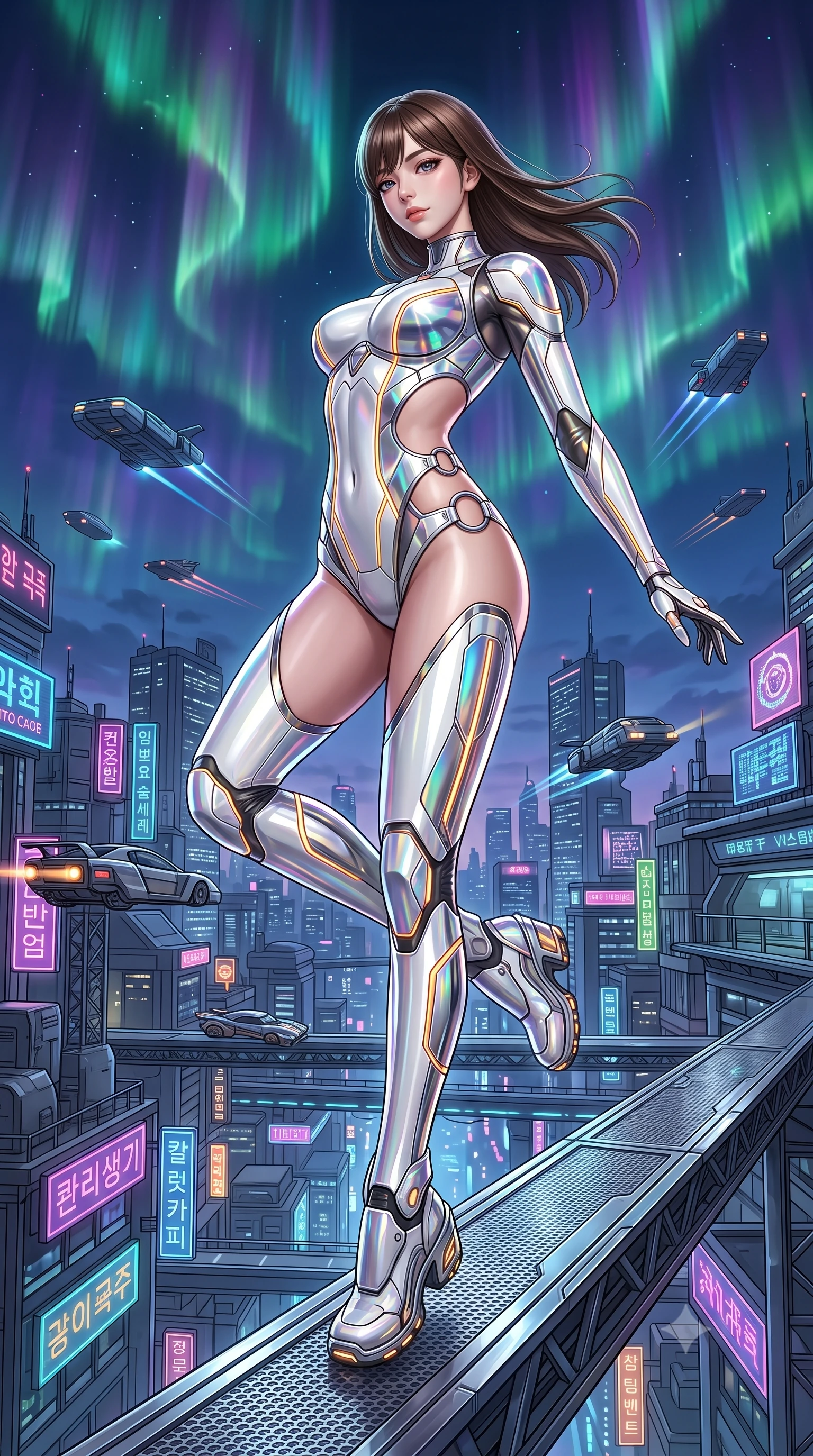 score_9, masterpiece, best quality, ultra-detailed, high-budget anime keyframe, semi-realistic 3D game render, editorial fashion photography, tasteful artistic composition, Korean woman. low angle full-body shot from head to toe showing her feet, filling the entire 9:16 vertical frame with her statuesque presence, stretching her vertical silhouette. arching her spine in a fluid zero-gravity turn with sovereign grace, her long slender legs and sculpted torso creating a sweeping line while stepping along a narrow chrome gantry extending into the open night air with commanding supermodel grace. The surrounding environment is rendered in vivid detail and crisp panoramic clarity. sharp plasma aurora curtain ripples, flying vehicle silhouettes, and textured metal gantry in high resolution. She has an absolutely perfect, statuesque 8.5-heads proportion, an exceptionally tall and slender model-like female figure with impossibly long slender legs, a toned flat midriff, and an ultra-slim waist. sharp v-shaped jawline, high-bridge nose, intricate jewel-like eyes with depth, thick eyelashes, glossy lips with a natural sheen, flawlessly proportioned anatomical accuracy, strict slender model proportions, natural body alignment, perfectly sculpted long slender limbs, ultra-slim waistline, clean dynamic posture without body distortion. wearing a precision-tailored holographic cyber-corset with geometric iridescent plating and an ultra-slim waist-cinching silhouette in high-contrast monochrome white enamel and glowing amber lines, crafted from ultra-reflective second-skin liquid metal with a mirror-like polish, detailed with polished silver rings connecting the daring side-waist cutouts, the form-contouring material adhering flawlessly to her sculpted flat midriff and slender torso, emphasizing her long leg lines and perfectly proportioned willowy build. illuminated by crisp white key lighting with sharp specular highlights tracing her ultra-slim waist and long legs. rich saturated anime colors with glowing neon highlights, detailed shading with soft gradients, rich glossy textures, high-contrast stereoscopic depth, volumetric dynamic lighting, master piece, 9:16 ratio