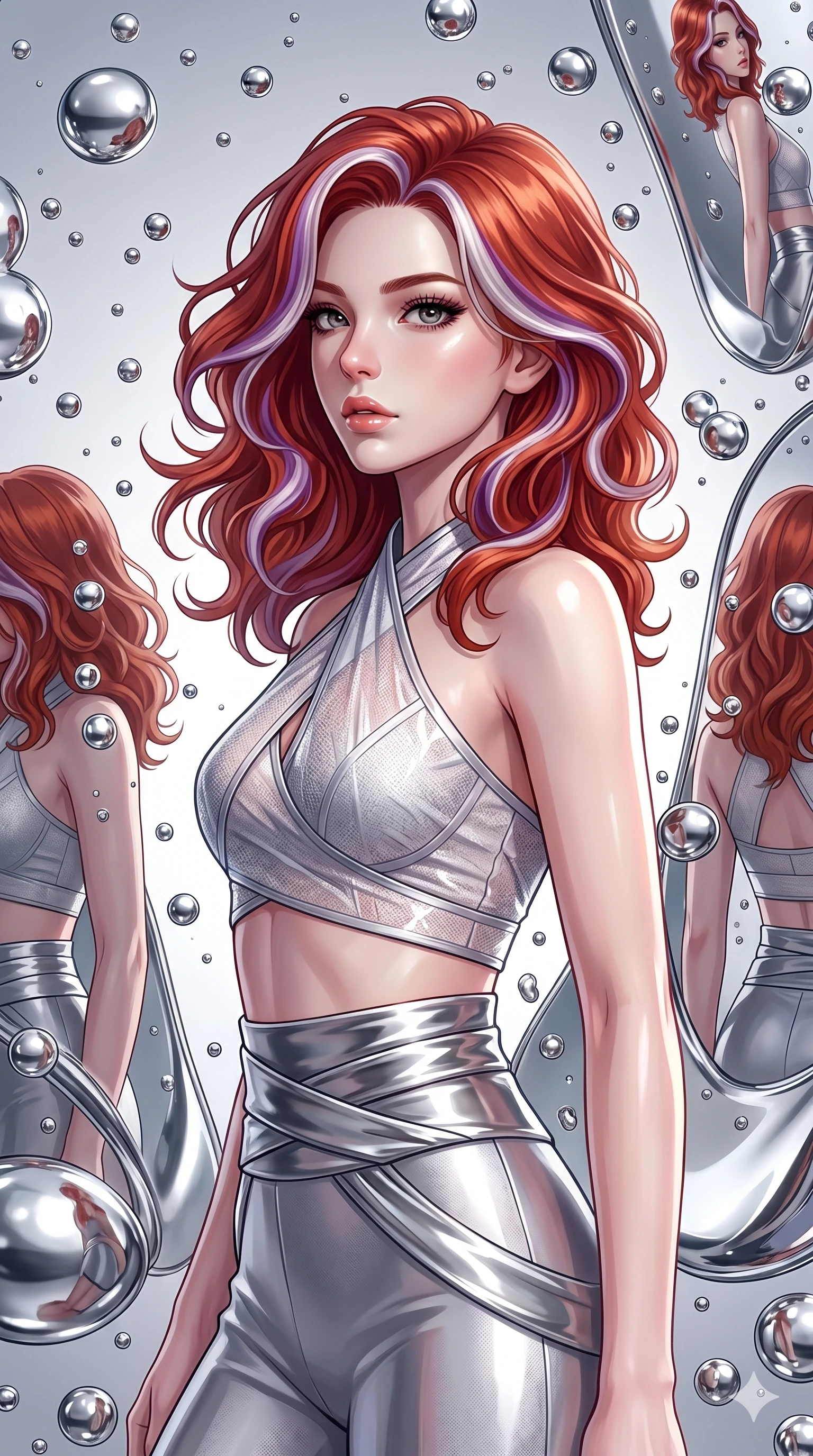score_9, masterpiece, best quality, ultra-detailed, high-budget anime keyframe, editorial fashion photography, tasteful artistic composition, Caucasian woman, strictly human ears. Upper body close-up from the thighs up, character filling the screen for maximum presence. She is surrounded by floating mercury droplets and curved abstract mirrors that warp space. She strikes a striking fashion pose, looking over her shoulder with glossy, natural lips. She has an absolutely perfect 8-heads proportion, a tall and elegant figure with a refined silhouette and a defined waistline. V-shaped jawline, high-bridge nose, intricate jewel-like eyes with depth, thick eyelashes, glossy lips with a natural sheen. She is wearing a cropped cyber-fusion wrap top with delicate textured panels, a geometric crossover collar, and a high-waisted metallic sash highlighting her defined waistline. The scene is bathed in highly reflective silver highlights and a stark white side studio light. 2k, ultra detail, master piece, 9:16 ratio