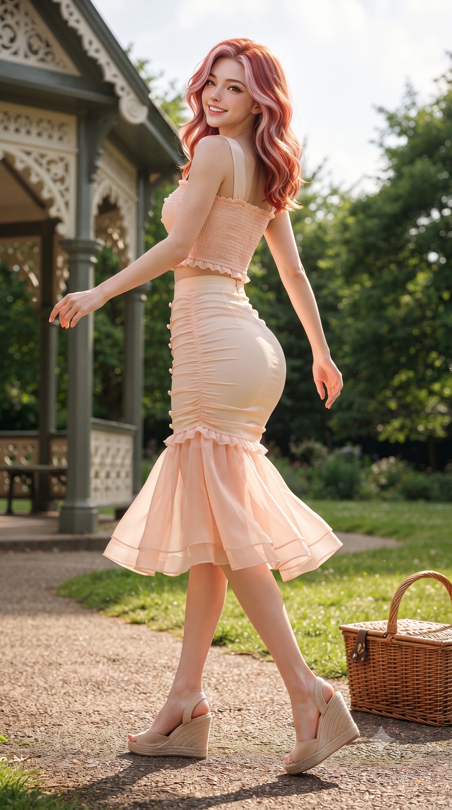 score_9, masterpiece, best quality, ultra-detailed, high-budget anime keyframe, editorial fashion photography, tasteful artistic composition, Caucasian woman. low angle full-body shot from head to toe showing her feet, filling the entire 9:16 vertical frame with her statuesque presence, stretching her vertical silhouette. executing a cheerful mid-motion pivot turn as her skirt flutters around her slender legs, glancing over her shoulder with an intoxicating, teasing cute expression while walking dynamically down the park path, her form-fitting outfit accentuating her narrow waist and rounded hips in a captivating rhythm. The surrounding environment is rendered in vivid detail and crisp panoramic clarity. sharp Victorian architectural woodwork fretwork, lush green grass textures, and picnic basket wicker weave in deep focus. She has an exceptionally tall and slender model-like 8.5-heads proportion, an ultra-slim waist, a flat toned midriff, narrow delicate ribcage, and beautifully sculpted feminine hips creating a graceful, slim hourglass silhouette without any bulky heaviness, with impossibly long slender legs. sharp v-shaped jawline, high-bridge nose, intricate jewel-like sparkling eyes with depth, thick eyelashes, glossy parted lips with a natural peach sheen, bright cheerful beaming smile with an enchanting and coquettish sensual glint, exuding both youthful cute charm and seductive allure, flawlessly proportioned anatomical accuracy, strict slender model proportions, natural body alignment, perfectly sculpted long slender limbs, ultra-slim waistline, clean dynamic posture without body distortion. wearing a fitted square-neck smocked crop top paired with a curve-hugging ruched mermaid midi skirt in pastel peach blossom pink and warm champagne ivory, woven from layered gossamer organza with weightless flutter, finished with subtle ruffle trims and delicate pearl buttons, the high-waisted tailoring accentuating her ultra-slim waistline and the enchanting curve of her feminine hips with alluring charm. illuminated by warm grass lawn bounce light contouring her sculpted collarbones, ultra-slim waist, and curvy hips. ultra-reflective glossy finish, specular highlights, rich textural contrasts, high-contrast stereoscopic depth, volumetric dynamic lighting, 2k, ultra detail, master piece, 9:16 ratio