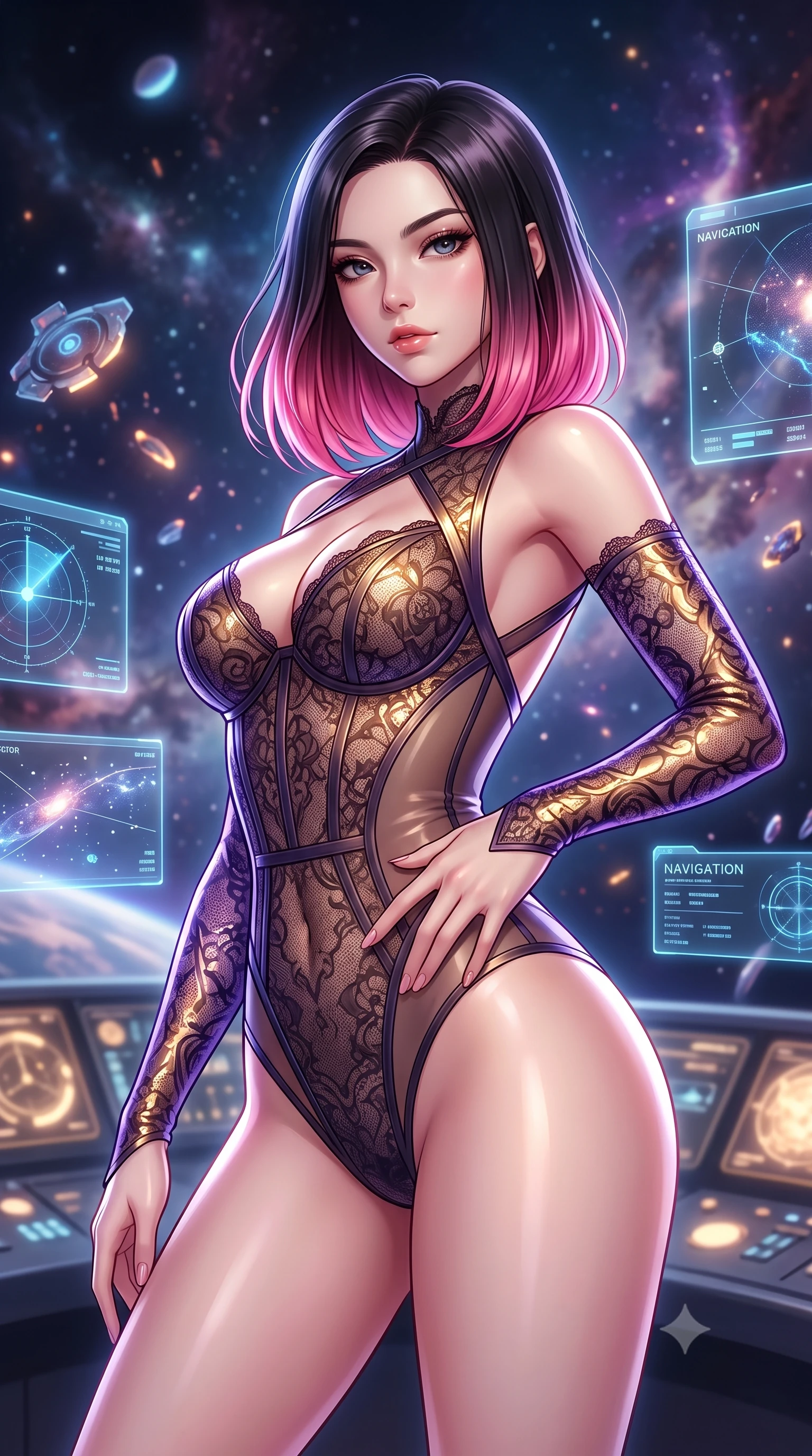 score_9, masterpiece, best quality, ultra-detailed, high-budget anime keyframe, semi-realistic 3D game render, editorial fashion photography, tasteful artistic composition, Korean woman. close-up cowboy shot from the waist and thighs up, the character dominates the composition, filling the frame with her large presence. twisting her upper body in a dynamic S-curve with an alluring smolder, one hand trailing along her slender waist while pivoting in zero-gravity amidst floating holographic navigation charts and glowing celestial debris. The composition keeps background elements in soft focus with creamy bokeh. glowing bridge console displays and cosmic dust filaments softened in smooth zero-gravity depth of field. She has an exceptionally elegant, slender, and willowy female figure with an ultra-slim waist, a gracefully sculpted slender torso, and a refined silhouette. sharp v-shaped jawline, high-bridge nose, intricate jewel-like eyes with depth, thick eyelashes, glossy lips with a natural sheen, flawlessly proportioned anatomical accuracy, natural body alignment, perfectly sculpted elegant limbs, clean dynamic posture without body distortion. wearing a sheer dark lace pattern bodysuit with structured corsetry boning, sheer contouring side panels, and detached lace sleeves in lustrous molten gold and pure deep violet, crafted from ultra-reflective second-skin latex with a glass-like polish, complemented by criss-cross back straps highlighting her completely bare spine, the daring cutouts accentuating her delicate midriff, graceful collarbones, and feminine contour. surrounded by a sublime, infinite, and breathtakingly divine cosmic goddess aura. highly saturated vibrant anime colors, detailed shading with soft gradients, rich glossy textures, high-contrast stereoscopic depth, volumetric dynamic lighting, master piece, 9:16 ratio