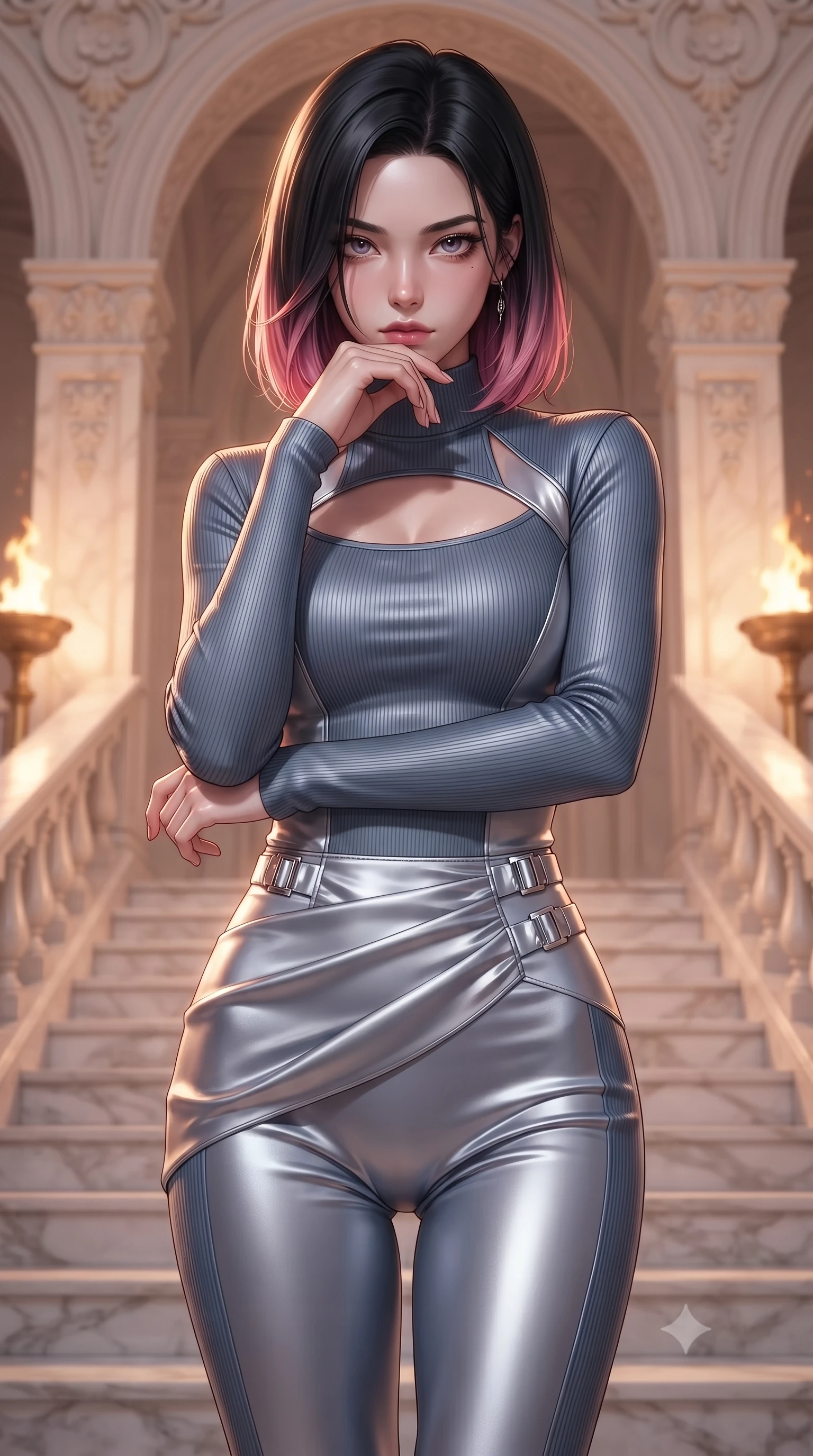 score_9, masterpiece, best quality, ultra-detailed, high-budget anime keyframe, editorial fashion photography, tasteful artistic composition, Korean woman. close-up cowboy shot from the waist and thighs up, the character dominates the composition, filling the frame with her large presence, background elements kept in soft focus. Resting her chin on the backs of her fingers, casting a sharp, mysterious gaze descending a grand marble staircase flanked by golden torch flames at dusk, opulent gold-leaf trim and carved ivory archways framed beautifully. She has an exceptionally elegant, slender, and willowy female figure with an ultra-slim waist, a gracefully sculpted slender torso, and a refined silhouette. sharp v-shaped jawline, high-bridge nose, intricate jewel-like eyes with depth, thick eyelashes, glossy lips with a natural sheen. wearing a form-fitting ribbed activewear set with collar cutouts in slate blue and metallic silver, crafted from lustrous satin jersey with fluid draping, detailed with polished silver buckles along the waistline, the glove-like fit emphasizing her statuesque silhouette. bathed in glorious golden hour sunbeams and warm rose-gold ambient light. ultra-reflective glossy finish, specular highlights, metallic sheen, high-contrast stereoscopic depth, volumetric dynamic lighting, 2k, ultra detail, master piece, 9:16 ratio