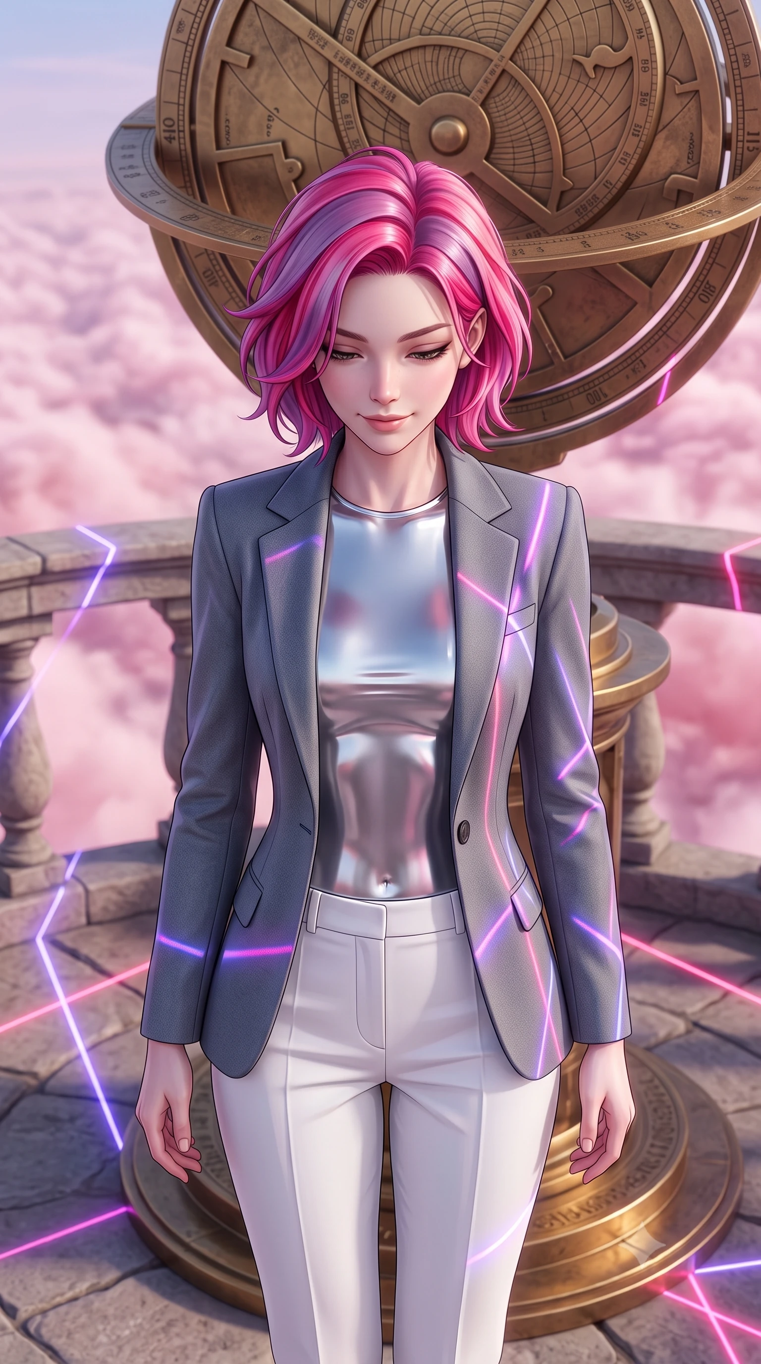 score_9, masterpiece, best quality, ultra-detailed, high-budget anime keyframe, editorial fashion photography, tasteful artistic composition, Caucasian woman, strictly human ears. close-up cowboy shot from the waist and thighs up, the character dominates the composition, filling the frame with her large presence, background elements kept in soft focus. Looking down with a gentle, thoughtful smile full of quiet warmth. set against a soft-focus background of standing on the balcony of an ancient stone observatory with rotating brass astrolabes, looking out over a sea of pink-tinted clouds. She has an exceptionally elegant, slender, and willowy female figure with a highly-defined ultra-slim waist, a gracefully sculpted slender torso, and a refined slim-fit silhouette that contours her form. sharp v-shaped jawline, high-bridge nose, intricate jewel-like eyes with depth, thick eyelashes, glossy lips with a natural sheen. wearing a tailored slate grey blazer over a high-gloss silver metallic bodysuit, paired with white trousers. laser lines of violet and hot pink reflecting off surfaces casting geometric neon highlights. 2k, ultra detail, master piece, 9:16 ratio