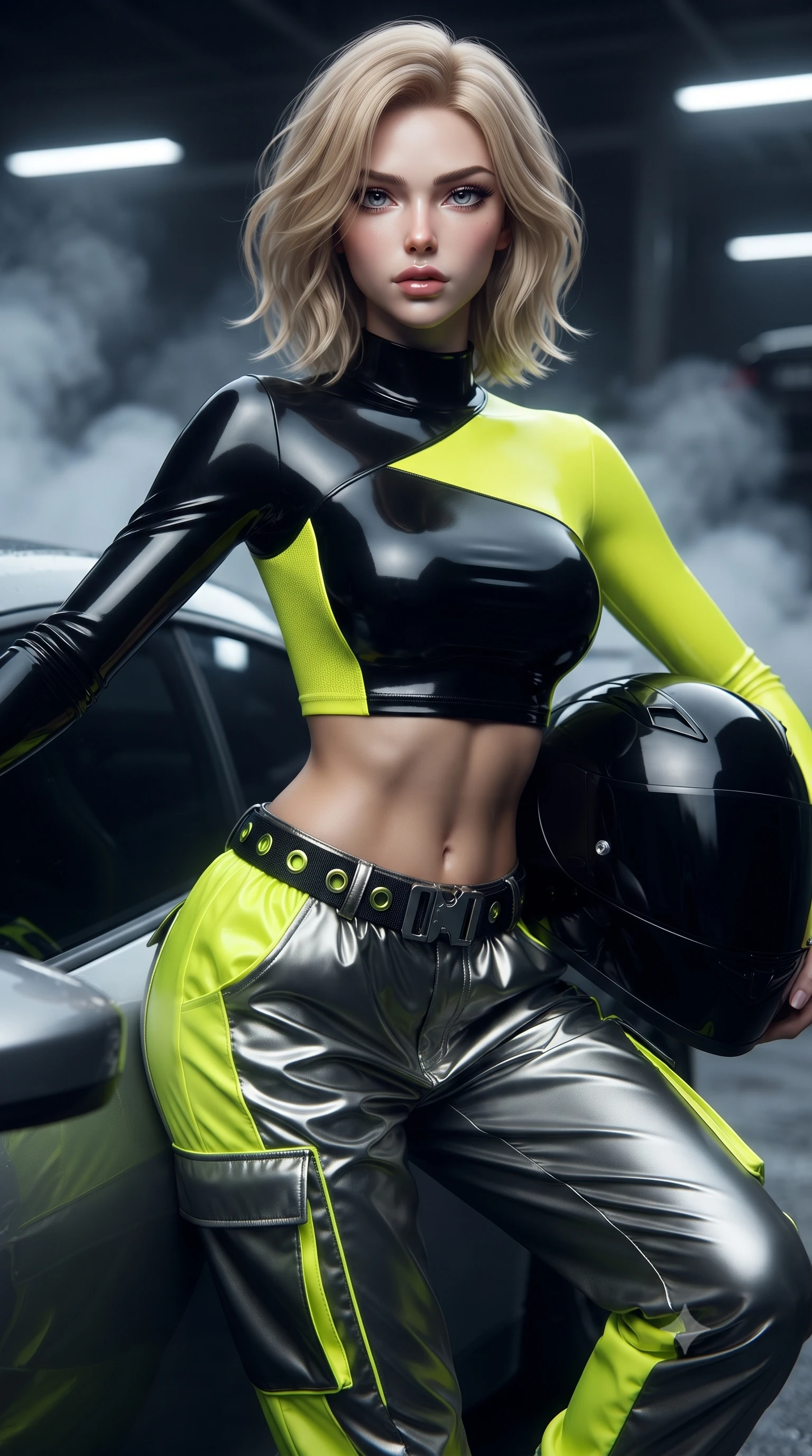score_9, masterpiece, best quality, ultra-detailed, high-budget anime keyframe, editorial fashion photography, tasteful artistic composition, Caucasian woman. close-up cowboy shot from the waist and thighs up, the character dominates the composition, filling the frame with her large presence. tilting her chin up with proud, sovereign allure while gazing through thick eyelashes with an irresistible, dangerous bedroom-gaze while leaning deep against the driver's side door with hips cocked, helmet resting against her hip, smoldering gaze locking onto the lens. The composition keeps background elements in soft focus with creamy bokeh. drifting tire smoke sheets and carbon-fiber garage gantries softened in moody shallow focus. She has an exceptionally elegant, slender, and willowy female figure with an ultra-slim waist, a gracefully sculpted slender torso, toned flat midriff, and a refined slim silhouette. sharp v-shaped jawline, high-bridge nose, intricate jewel-like eyes with depth, thick eyelashes, glossy parted lips with a natural sheen, intensely captivating and seductive expression, flawlessly proportioned anatomical accuracy, strict slender model proportions, natural body alignment, perfectly sculpted long slender limbs, ultra-slim waistline, clean dynamic posture without body distortion. wearing an asymmetric single-sleeve moto crop top paired with baggy metallic parachute trousers and grommet belt in high-gloss asphalt black and hazard neon yellow, crafted from compression knit fabric sculpting her athletic hourglass lines, finished with quick-release titanium buckles and neon-reflective piping, the sleek tactical cut tightly hugging her graceful clavicle, narrow waist, and athletic curves with statuesque precision. illuminated by wet specular asphalt bounce lights sculpting her toned midriff, slender waist, and long legs. ultra-reflective glossy finish, specular highlights, rich textural contrasts, high-contrast stereoscopic depth, volumetric dynamic lighting, 2k, ultra detail, master piece, 9:16 ratio
