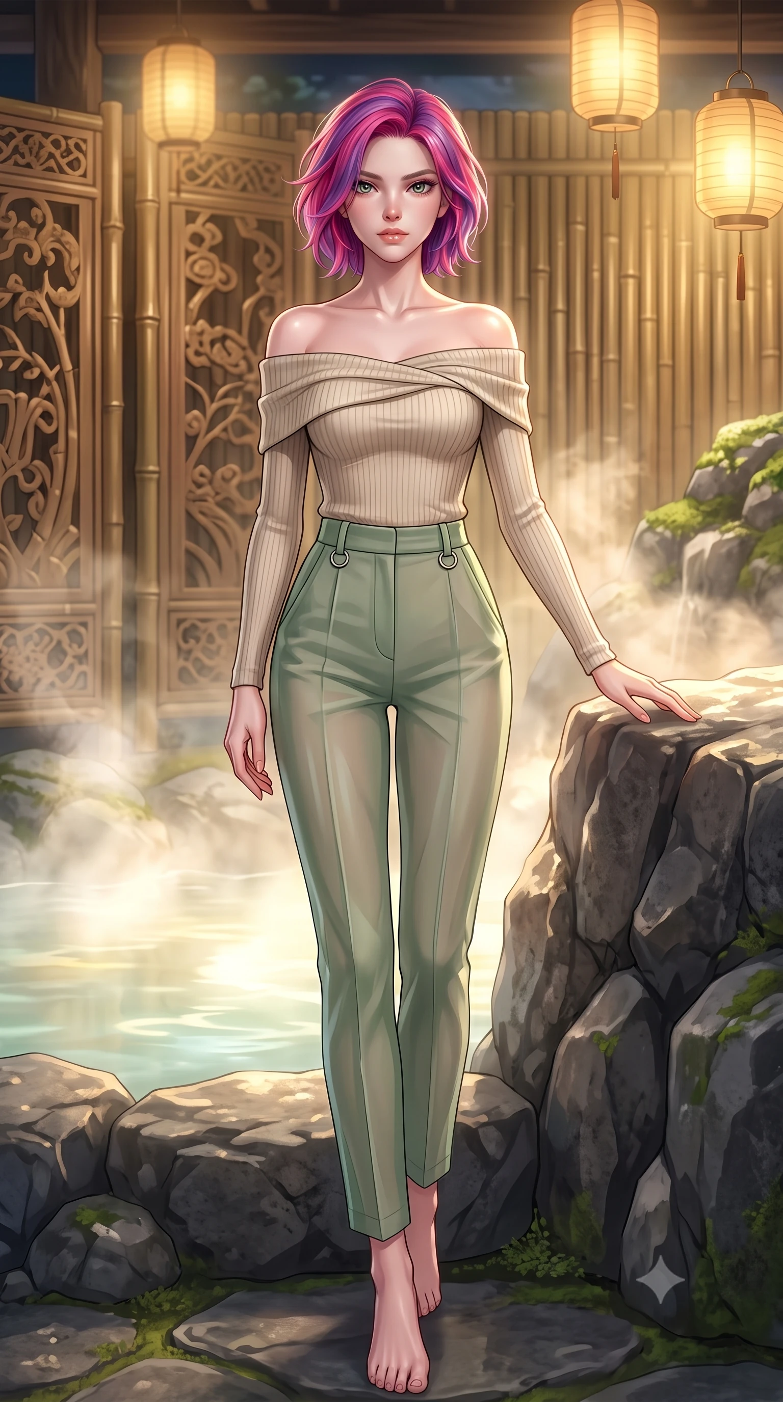 score_9, masterpiece, best quality, ultra-detailed, high-budget anime keyframe, editorial fashion photography, tasteful artistic composition, Caucasian woman. low angle full-body shot from head to toe showing her feet, filling the entire 9:16 vertical frame with her statuesque presence, stretching her vertical silhouette. navigating the luminous space with effortless poise, displaying her perfect model proportions resting against a natural basalt rock edge in a private bamboo-partitioned hot spring, swirling thermal steam clouds scattering soft golden lantern light. She has an absolutely perfect, statuesque 8.5-heads proportion, an exceptionally tall and slender model-like female figure with impossibly long slender legs and an ultra-slim waist. sharp v-shaped jawline, high-bridge nose, intricate jewel-like eyes with depth, thick eyelashes, glossy lips with a natural sheen. wearing a sleek off-shoulder ribbed knit top paired with high-waist tailored pants in sage green and oatmeal, woven from fine semi-opaque sheer organza, accented with delicate chrome ring hardware framing her waist, the elegant draped fit framing her graceful clavicle and slender torso. surrounded by a tranquil, spa-like aura with soft specular highlights. highly saturated vibrant anime colors, detailed shading with soft gradients, rich glossy textures, high-contrast stereoscopic depth, volumetric dynamic lighting, master piece, 9:16 ratio