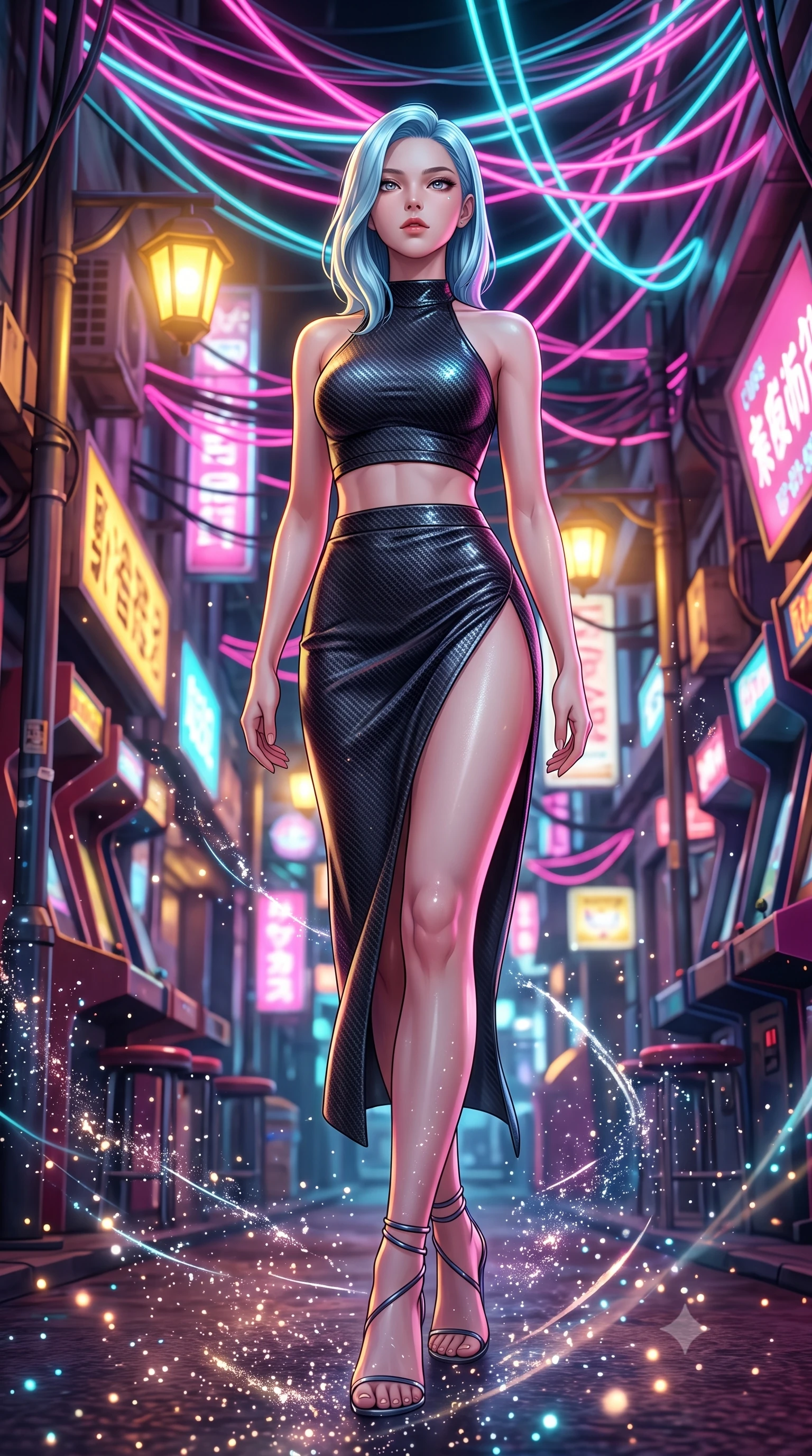 score_9, masterpiece, best quality, ultra-detailed, high-budget anime keyframe, editorial fashion photography, tasteful artistic composition, Korean woman. low angle full-body shot from head to toe showing her feet, filling the entire 9:16 vertical frame with her statuesque presence, stretching her vertical silhouette. stepping gracefully through floating stardust particles, her body-contouring suit showing her athletic, slender silhouette, the background shows a soft-focus a narrow arcade corridor under a canopy of hanging neon cables. She has an absolutely perfect, statuesque 8.5-heads proportion, an exceptionally tall and slender model-like female figure with impossibly long slender legs and an ultra-slim waist. sharp v-shaped jawline, high-bridge nose, intricate jewel-like eyes with depth, thick eyelashes, glossy lips with a natural sheen. wearing a slim-fit carbon-fiber halter-neck crop top paired with a matching high-slit midi skirt, revealing her slim waist. warm sodium yellow streetlamps contrasting with sharp electric pink accents. highly saturated vibrant anime colors, detailed shading with soft gradients, rich glossy textures, high-contrast stereoscopic depth, volumetric dynamic lighting, master piece, 9:16 ratio