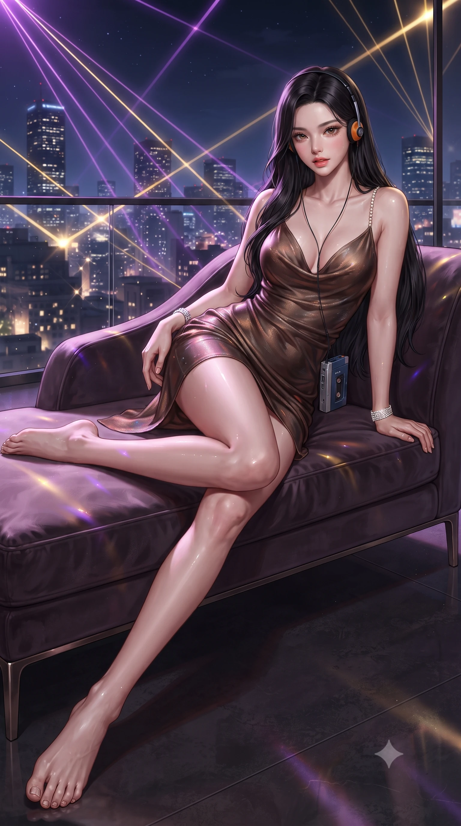 score_9, masterpiece, best quality, ultra-detailed, high-budget anime keyframe, editorial fashion photography, tasteful artistic composition, Korean woman. low angle full-body shot from head to toe showing her feet, filling the entire 9:16 vertical frame with her statuesque presence, stretching her vertical silhouette. reclining gracefully across the plush chaise lounge with one leg extended, her sculpted silhouette and flat midriff radiating magnetic nocturnal glamour while twisting her slender torso in an alluring contrapposto stance as laser lights sweep across the open-air dance floor and her curvy hips. The surrounding environment is rendered in vivid detail and crisp panoramic clarity: detailed strappy bodycon dress texture, diamond bracelet glints, and modern penthouse venue architecture in razor-sharp precision. She has an absolutely perfect, statuesque 8.5-heads proportion, an exceptionally tall and slender model-like female figure with impossibly long slender legs, an ultra-slim waist, a flat toned midriff, narrow delicate ribcage, and beautifully sculpted feminine hips creating a graceful, slim hourglass silhouette without any bulky heaviness. sharp v-shaped jawline, high-bridge nose, sparkling eyes with hypnotic seductive depth, thick curled eyelashes, glossy parted lips with a natural dewy peach sheen, alluring bedroom-eyes with an enchanting coquettish smile, exuding magnetic siren charisma and sophisticated glamour, flawlessly proportioned anatomical accuracy, strict slender model proportions, natural body alignment, perfectly sculpted long slender limbs, ultra-slim waistline, clean dynamic posture without body distortion. wearing a low-cut draped cowl-back satin slip mini dress with dainty pearl spaghetti straps in sultry espresso bronze and metallic copper, made of delicate semi-sheer Korean gossamer organza with subtle pearlescent glints, complemented by a retro cassette walkman with vintage foam-padded orange headphones, the form-contouring silhouette accentuating her sculpted flat midriff, narrow delicate ribcage, and gracefully curvy hips with intoxicating allure. bathed in dynamic purple and gold nightclub spotlight sweeps paired with ambient skyline glow. ultra-reflective glossy finish, specular highlights, rich textural contrasts, high-contrast stereoscopic depth, volumetric dynamic lighting, 2k, ultra detail, master piece, 9:16 ratio