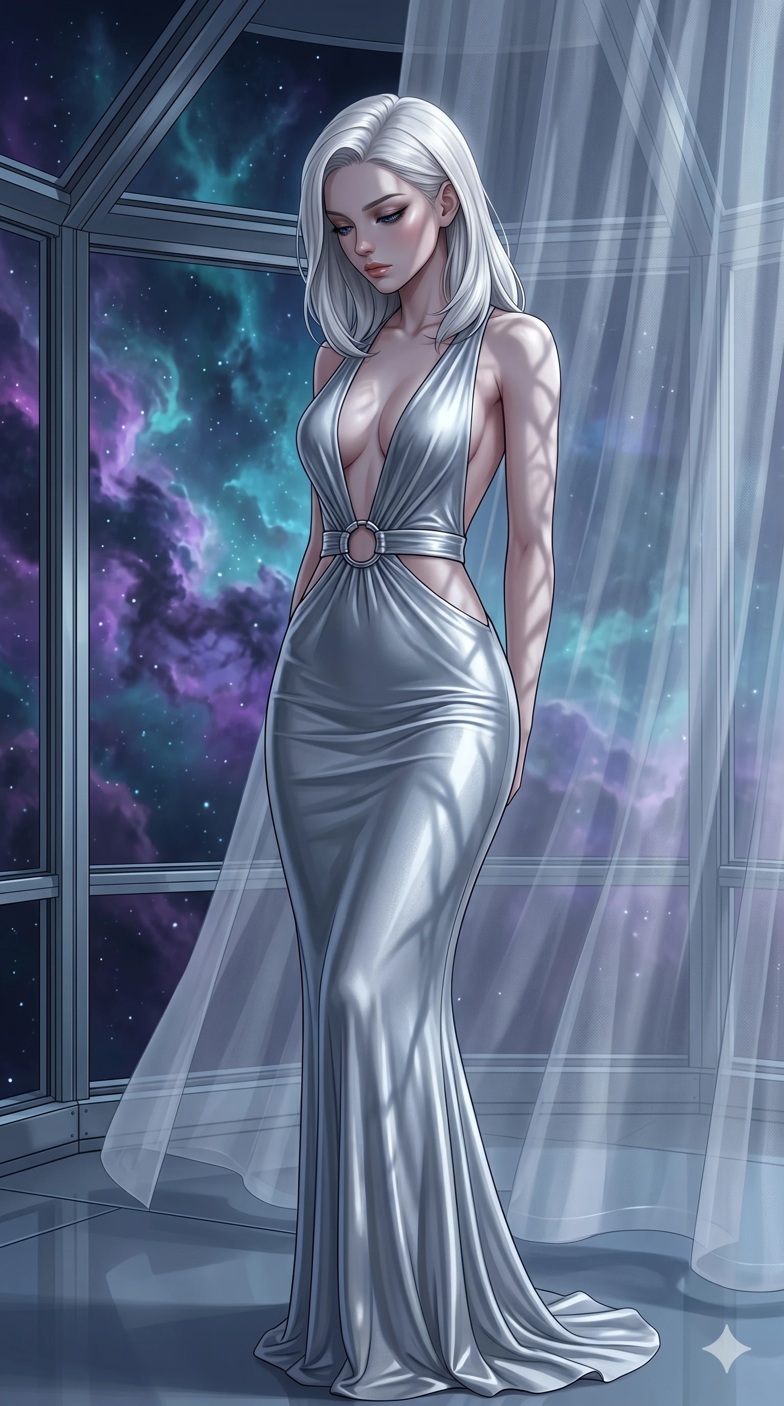 score_9, masterpiece, best quality, ultra-detailed, high-budget anime keyframe, editorial fashion photography, tasteful artistic composition, Caucasian woman, strictly human ears. cowboy shot from the thighs up, character and outfit filling the frame for maximum editorial presence. Looking down with lowered lashes and a composed, powerful expression inside a deep-space observatory with nebula clouds of violet and teal drifting past panoramic windows. She has an absolutely perfect 8-heads proportion, an exceptionally tall and slender female figure with impossibly long slender legs and an ultra-slim waist. V-shaped jawline, high-bridge nose, intricate jewel-like eyes with depth, thick eyelashes, glossy lips with a natural sheen. wearing a deep plunging-V neck maxi dress in liquid silver jersey with a bold open-back, an architectural waist cutout framed by chrome ring hardware, and a body-contouring fit all the way to the floor. bathed in cold silver moonlight filtered through translucent gossamer curtains casting soft shadows on her curves. 2k, ultra detail, master piece, 9:16 ratio