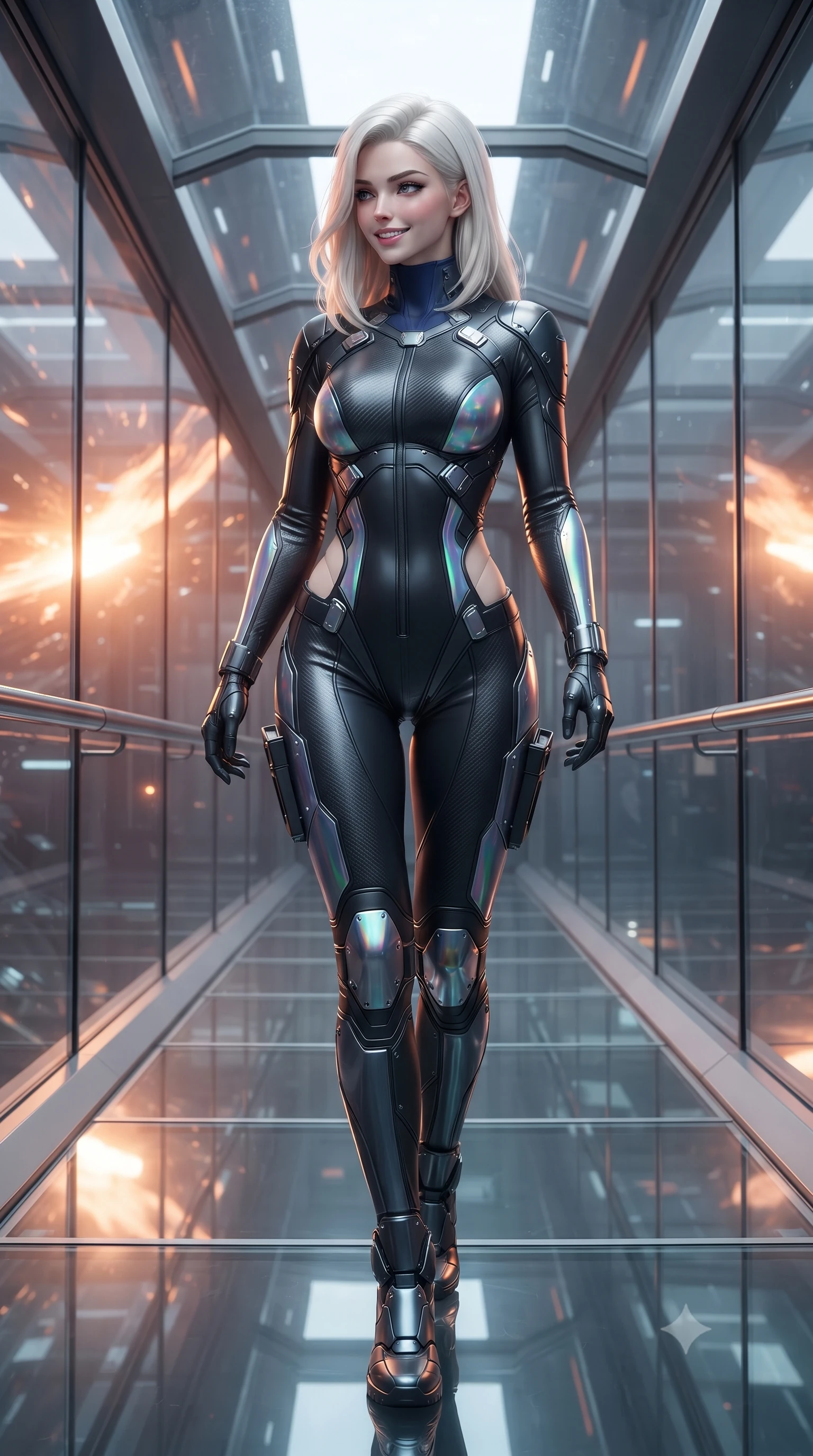 score_9, masterpiece, best quality, ultra-detailed, high-budget anime keyframe, editorial fashion photography, tasteful artistic composition, Caucasian woman. low angle full-body shot from head to toe showing her feet, filling the entire 9:16 vertical frame with her statuesque presence, stretching her vertical silhouette. walking slowly along the transparent glass skybridge, looking back over her shoulder with an air of effortless grace and an alluring, smoldering smile while twisting her slender torso in an alluring S-curve on the catwalk, solar plasma radiation casting dynamic chiaroscuro shadows across her narrow waist and curvy hips. The surrounding environment is rendered in vivid detail and crisp panoramic clarity: detailed carbon suit weave, plasma specular reflections on armor plates, and starship engineering architecture in razor-sharp precision. She has an absolutely perfect, statuesque 8.5-heads proportion, an exceptionally tall and slender model-like female figure with impossibly long slender legs, an ultra-slim waist, a flat toned midriff, narrow delicate ribcage, and beautifully sculpted feminine hips creating a graceful, slim hourglass silhouette without any bulky heaviness. sharp v-shaped jawline, high-bridge nose, intricate jewel-like sparkling eyes with depth, thick eyelashes, glossy parted lips with a natural sheen, bright confident smile with an enchanting and coquettish sensual glint, exuding both youthful magnetic charm and sovereign high-tech allure, flawlessly proportioned anatomical accuracy, strict slender model proportions, natural body alignment, perfectly sculpted long slender limbs, ultra-slim waistline, clean dynamic posture without body distortion. wearing a form-contouring cybernetic combat suit in matte black latex and carbon fiber, tracing her willowy silhouette with a high neck in midnight navy blue and holographic iridescent shimmer, made of supple second-skin compression stretch jersey clinging flawlessly to her form, finished with polished chrome buckle hardware and modular magnetic holster clasps, the precision-cut side openings and low-back scoop framing her graceful spine and the sensual sweep of her slim, toned hips. bathed in shifting orange and white plasma flares casting high-contrast chiaroscuro shadows. ultra-reflective glossy finish, specular highlights, rich textural contrasts, high-contrast stereoscopic depth, volumetric dynamic lighting, 2k, ultra detail, master piece, 9:16 ratio