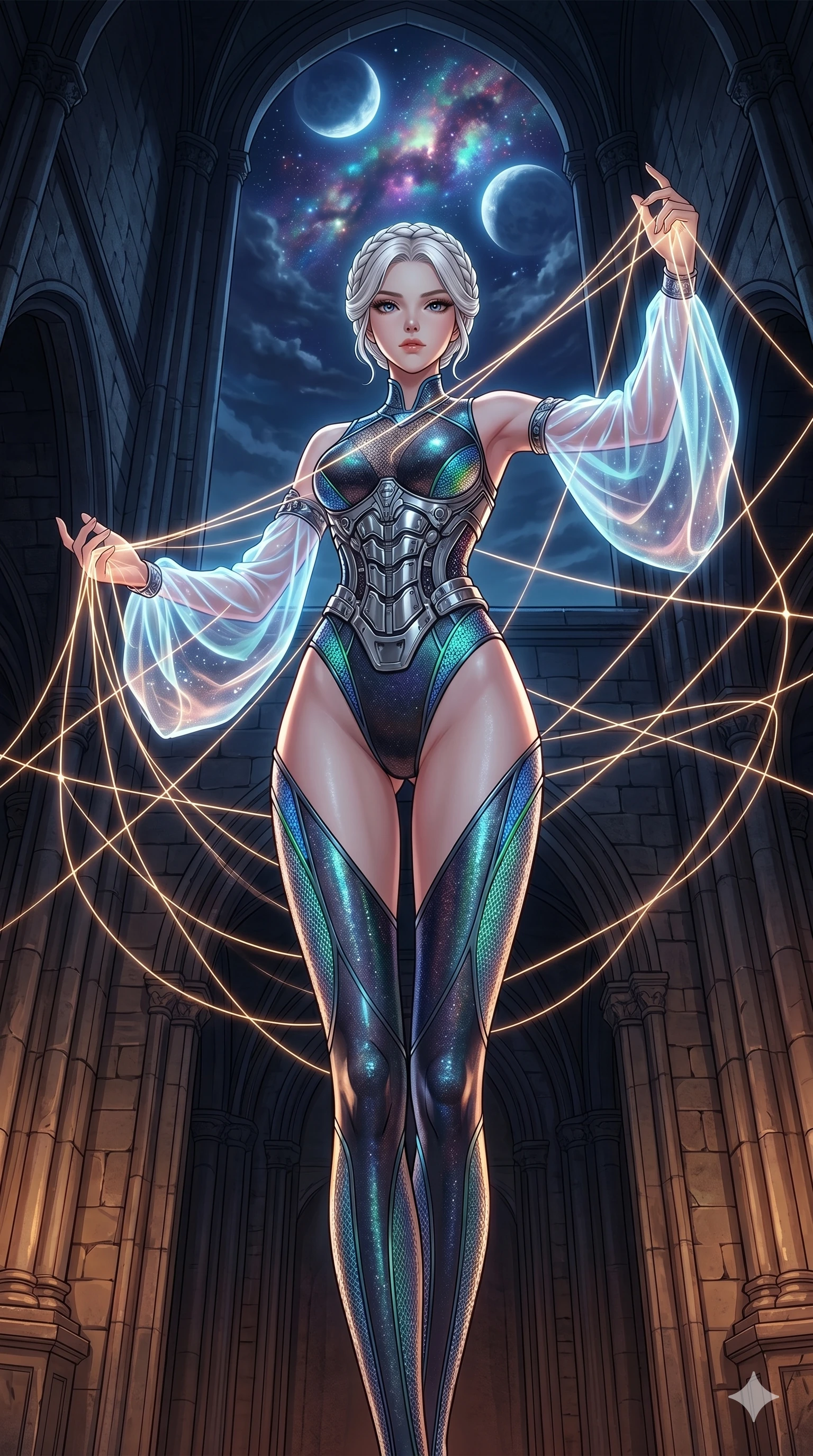 score_9, masterpiece, best quality, ultra-detailed, high-budget anime movie keyframe, cinematic anime lighting, intricate line art, Korean woman. Low angle cowboy shot filling the entire 9:16 frame with her statuesque presence. weaving threads of light in a gothic obsidian tower under a twin-moon sky. She has an absolutely perfect 8-heads proportion, an exceptionally tall and slender female figure with an ultra-slim waist and impossibly long slender legs. sharp v-shaped jawline, high-bridge nose, intricate jewel-like eyes, thick eyelashes, glossy lips. Wearing asymmetrical high-cut tech-bodysuit with detached glowing sleeves, chrome-plated mechanical corset, and bioluminescent mesh panels clinging to her slender figure. The scene is illuminated by dramatic atmospheric lighting and vibrant color palettes. , 2k, ultra detail, master piece, 9:16 ratio
