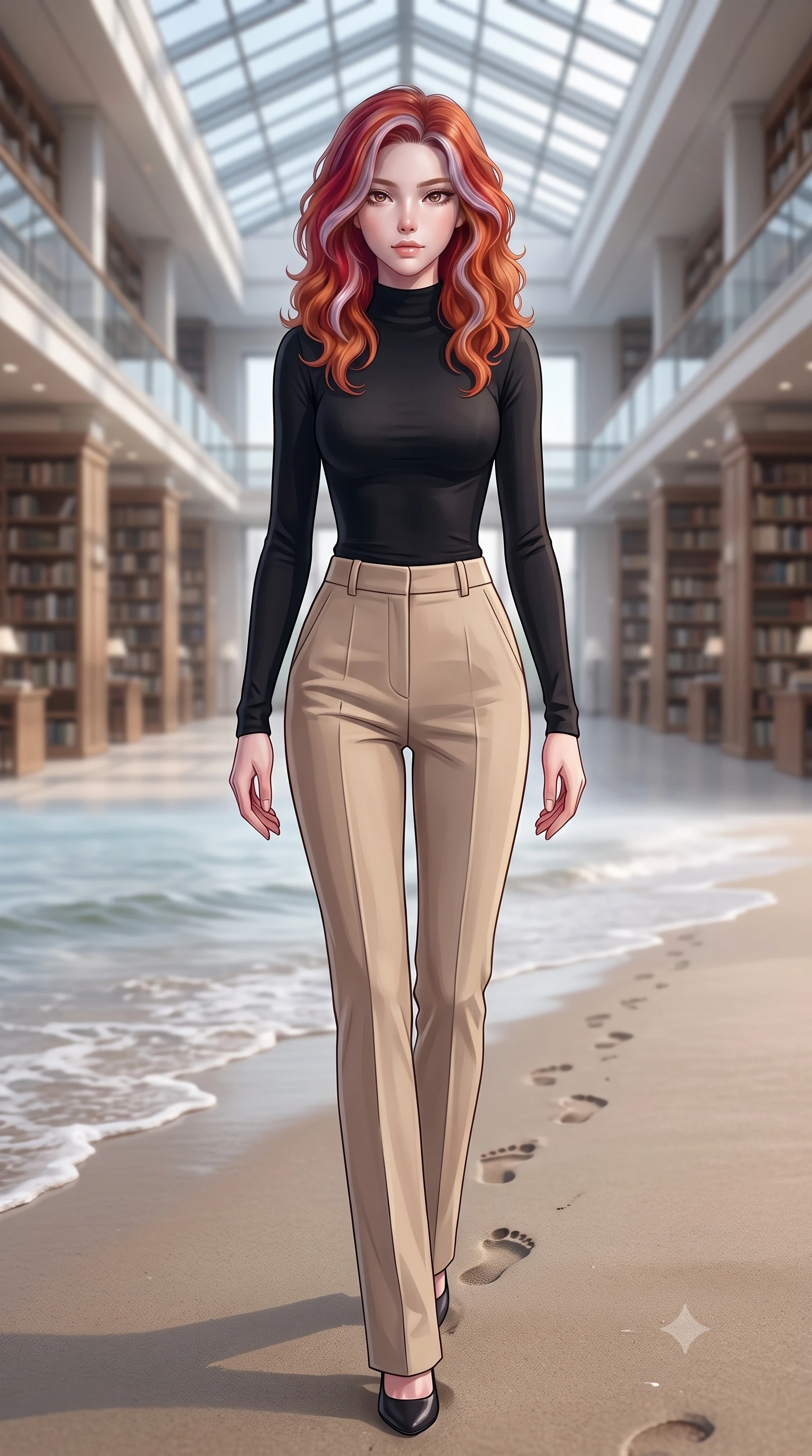 score_9, masterpiece, best quality, ultra-detailed, high-budget anime keyframe, editorial fashion photography, tasteful artistic composition, Caucasian woman woman. low angle full-body shot from head to toe showing her feet, filling the entire 9:16 vertical frame with her statuesque presence, stretching her vertical silhouette. walking slowly along the shoreline, leaving footprints in the wet sand the background shows a soft-focus a grand modern library with high ceilings, glass roofs, and study areas in soft focus. She has an absolutely perfect, statuesque 8.5-heads proportion, an exceptionally tall and slender model-like female figure with impossibly long slender legs and an ultra-slim waist. sharp v-shaped jawline, high-bridge nose, intricate jewel-like eyes with depth, thick eyelashes, glossy lips with a natural sheen. wearing a tailored body-hugging long-sleeve mock-neck top in black, tucked into tailored high-waisted beige trousers. soft diffused daylight filling the large, peaceful interior space. 2k, ultra detail, master piece, 9:16 ratio