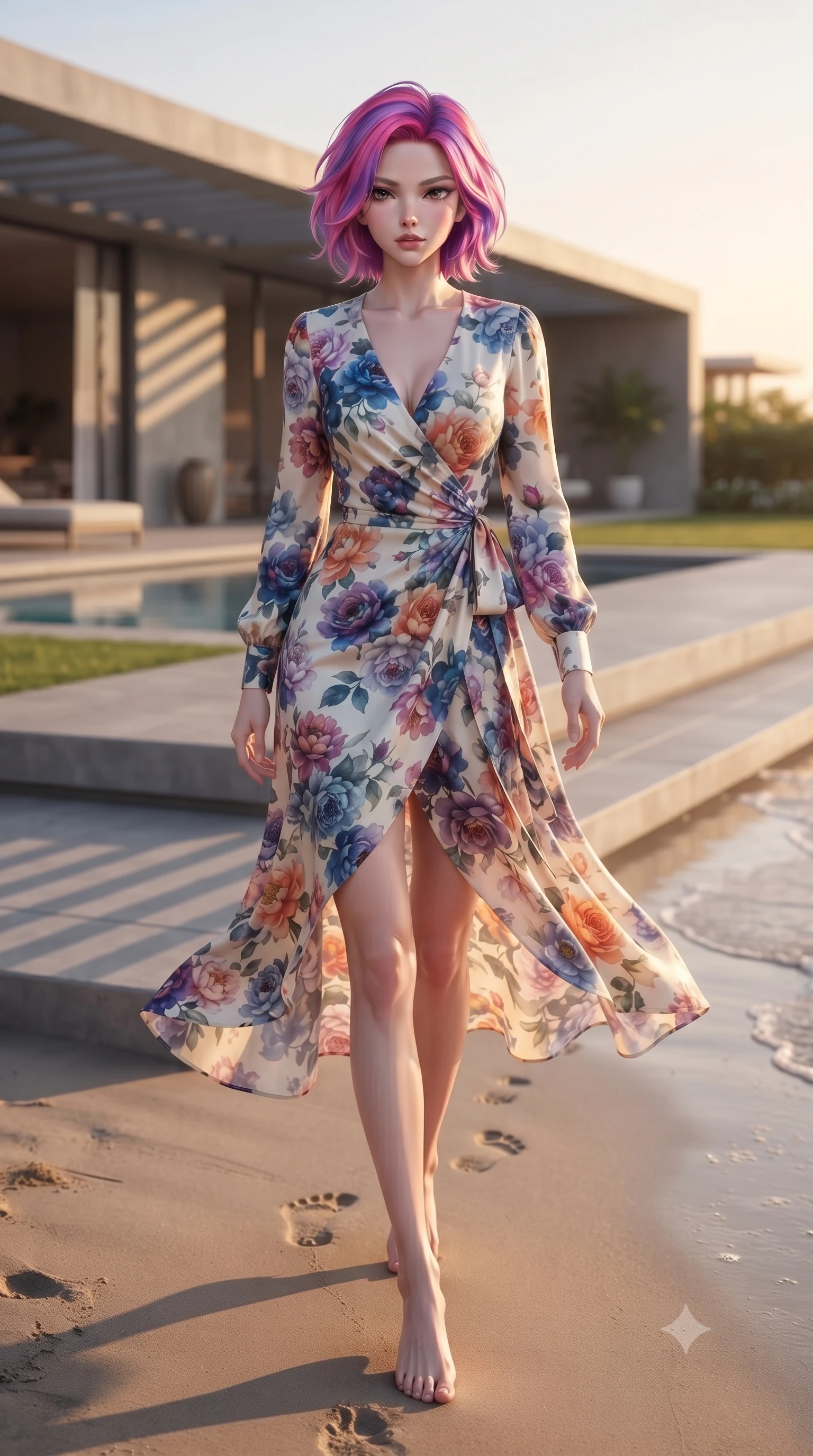 score_9, masterpiece, best quality, ultra-detailed, high-budget anime keyframe, editorial fashion photography, tasteful artistic composition, Caucasian woman woman. low angle full-body shot from head to toe showing her feet, filling the entire 9:16 vertical frame with her statuesque presence, stretching her vertical silhouette. walking slowly along the shoreline, leaving footprints in the wet sand the background shows a soft-focus a concrete deck of a minimalist luxury villa, with a private pool and green lawn. She has an absolutely perfect, statuesque 8.5-heads proportion, an exceptionally tall and slender model-like female figure with impossibly long slender legs and an ultra-slim waist. sharp v-shaped jawline, high-bridge nose, intricate jewel-like eyes with depth, thick eyelashes, glossy lips with a natural sheen. wearing a form-contouring flowy floral-patterned wrap dress with long sleeves and a modest V-neck. warm sunset light casting long clean shadow lines from the villa's architecture. ultra-reflective glossy finish, specular highlights, metallic sheen, high-contrast stereoscopic depth, volumetric dynamic lighting, 2k, ultra detail, master piece, 9:16 ratio