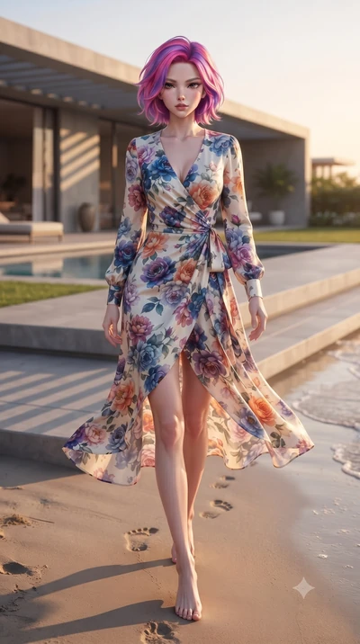 score_9, masterpiece, best quality, ultra-detailed, high-budget anime keyframe, editorial fashion photography, tasteful artistic composition, Caucasian woman woman. low angle full-body shot from head to toe showing her feet, filling the entire 9:16 v