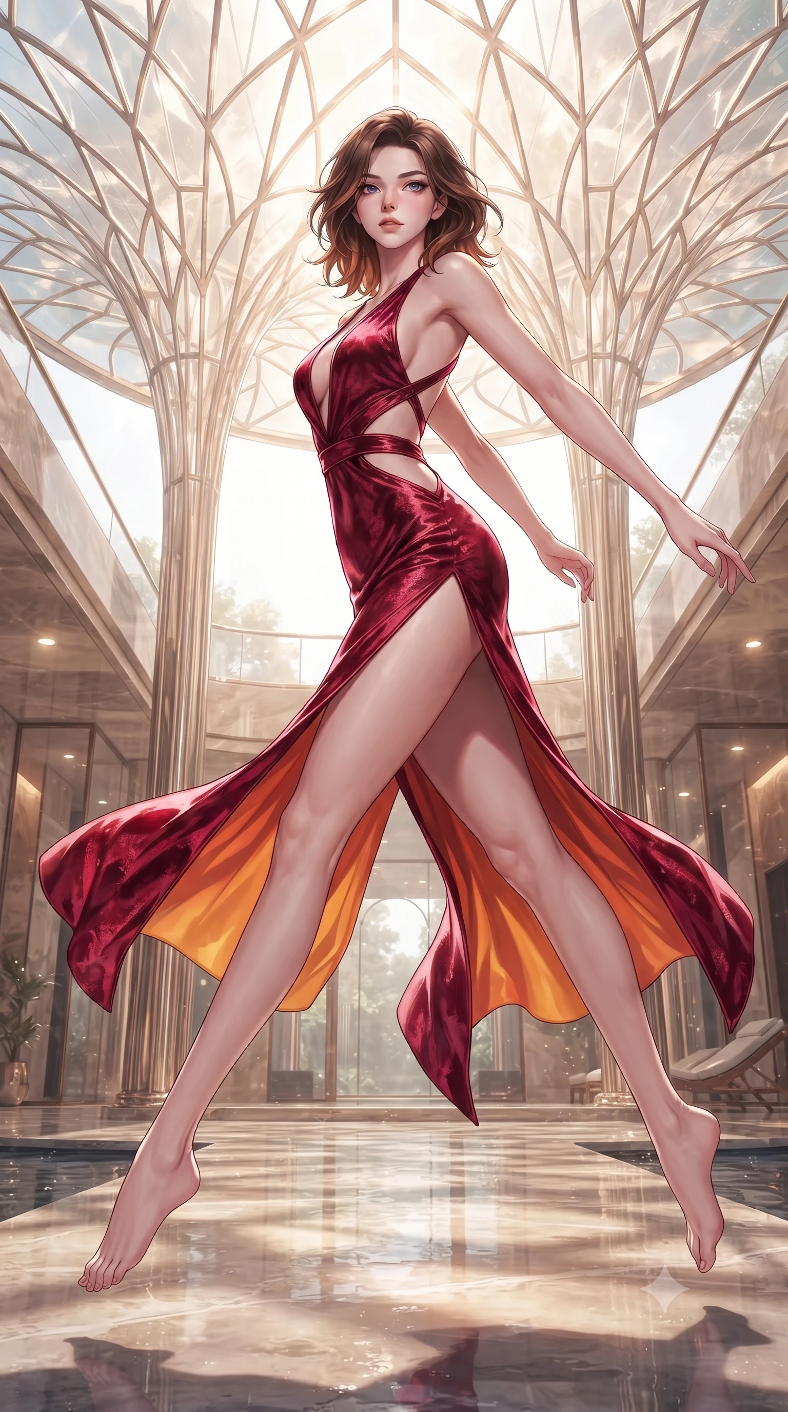 score_9, masterpiece, best quality, ultra-detailed, high-budget anime keyframe, editorial fashion photography, tasteful artistic composition, Korean woman. low angle full-body shot from head to toe showing her feet, filling the entire 9:16 vertical frame with her statuesque presence, stretching her vertical silhouette. leaping through mid-air with an athletic yet alluring arch of her spine, her impossibly long slender legs stretched in flawless poise while arching her spine in a fluid motion beneath a soaring champagne glass canopy in radiant morning light. The surrounding environment is rendered in vivid detail and crisp panoramic clarity. rich luminous architectural materials rendered with high environmental sharpness. She has an absolutely perfect, statuesque 8.5-heads proportion, an exceptionally tall and slender model-like female figure with impossibly long slender legs, a toned flat midriff, and an ultra-slim waist. sharp v-shaped jawline, high-bridge nose, intricate jewel-like eyes with depth, thick eyelashes, glossy lips with a natural sheen, flawlessly proportioned anatomical accuracy, strict slender model proportions, natural body alignment, perfectly sculpted long slender limbs, ultra-slim waistline, clean dynamic posture without body distortion. wearing a backless crimson crushed velvet gown with a deep plunging V-neckline, strategic hip cutouts, and an ultra-high thigh slit in vivid sunset amber orange and cloud white, made of liquid metal jersey that clings flawlessly to every contour of her build, complemented by criss-cross back straps highlighting her completely bare spine, the precision-cut daring openings accentuating her delicate midriff, graceful bare collarbones, and ultra-slim feminine waistline. surrounded by an opulent, luminous, and enchantingly seductive contemporary pavilion ambiance. ultra-reflective glossy finish, specular highlights, metallic sheen, high-contrast stereoscopic depth, volumetric dynamic lighting, 2k, ultra detail, master piece, 9:16 ratio