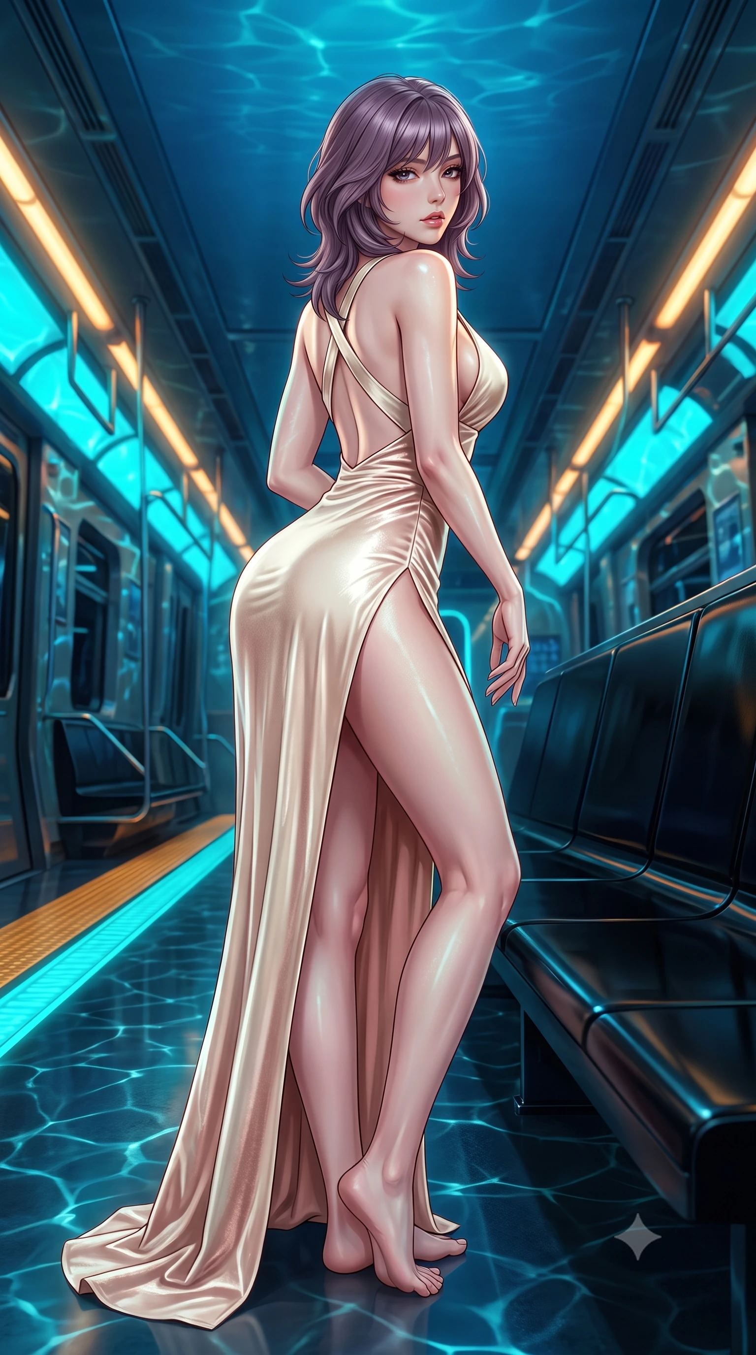 score_9, masterpiece, best quality, ultra-detailed, high-budget anime keyframe, semi-realistic 3D game render, editorial fashion photography, tasteful artistic composition, Japanese woman. low angle full-body shot from head to toe showing her feet, filling the entire 9:16 vertical frame with her statuesque presence, stretching her vertical silhouette. executing an elegant mid-motion pivot turn as garments swirl around her slender limbs, glancing over her shoulder with an intoxicating bedroom-gaze while reclining casually along a black obsidian waiting bench propped on one elbow, her slender waist and curved hips sculpted by pulsing subway neon lines. The surrounding environment is rendered in vivid detail and crisp panoramic clarity. detailed wet-look vinyl texture, aquatic light caustics on skin, and submerged underwater structural clarity in high resolution. She has an exceptionally tall and slender model-like 8.5-heads proportion, an ultra-slim waist, a flat toned midriff, narrow delicate ribcage, and beautifully sculpted feminine hips creating a graceful, slim hourglass silhouette without any bulky heaviness, with impossibly long slender legs. sharp v-shaped jawline, high-bridge nose, intricate jewel-like eyes with depth, thick eyelashes, glossy parted lips with a natural sheen, intensely captivating and seductive bedroom-eyes expression, flawlessly proportioned anatomical accuracy, strict slender model proportions, natural body alignment, perfectly sculpted long slender limbs, ultra-slim waistline, clean dynamic posture without body distortion. wearing a plunging-V neckline duchess satin gown with high side slits ascending to the high hip in vintage champagne ivory and delicate rose gold, crafted from heavyweight crushed silk velvet with liquid vintage luster, finished with criss-cross back satin straps highlighting her graceful shoulder blades, the liquid-tight tailored fabric clinging flawlessly to her narrow waist and rounded feminine hips, emphasizing every millimeter of her sculpted slim hourglass curves without any bulky heaviness. bathed in high-contrast cyan and amber track edge lights contrasting with deep ocean blue overhead ambient glow. highly saturated vibrant anime colors, detailed shading with soft gradients, rich glossy textures, high-contrast stereoscopic depth, volumetric dynamic lighting, master piece, 9:16 ratio