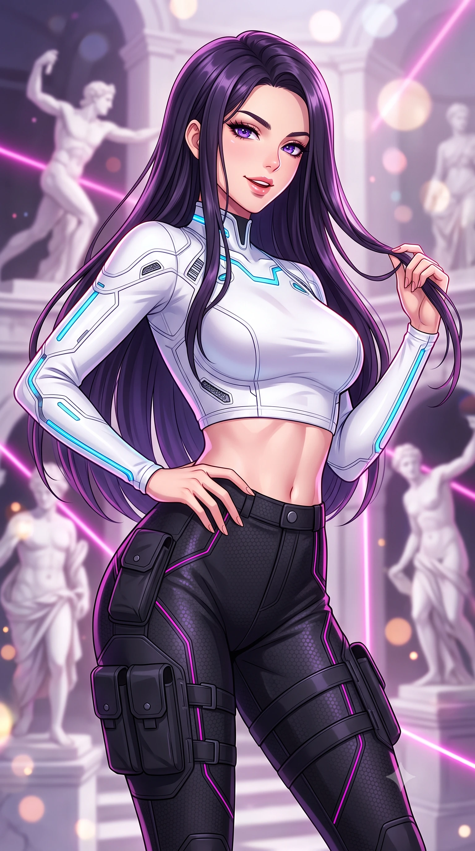 score_9, masterpiece, best quality, ultra-detailed, high-budget anime keyframe, editorial fashion photography, tasteful artistic composition, Caucasian woman. close-up cowboy shot from the waist and thighs up, the character dominates the composition, filling the frame with her large presence, background elements kept in soft focus. leaning slightly forward with a playful, teasing smile, her gaze locked onto the viewer with lips parted in a composed pose, the background shows a soft-focus an alabaster sculpture terrace with marble statues and magenta laser lines. She has an exceptionally elegant, slender, and willowy female figure with an ultra-slim waist, a gracefully sculpted slender torso, and a refined silhouette. sharp v-shaped jawline, high-bridge nose, intricate jewel-like eyes with depth, thick eyelashes, glossy lips with a natural sheen. wearing a slim-fit body-hugging long-sleeve tactical crop top in pure white, paired with high-waisted black carbon-weave skinny pants. magenta laser outline accents tracing the marble sculptures and her form. highly saturated vibrant anime colors, detailed shading with soft gradients, rich glossy textures, high-contrast stereoscopic depth, volumetric dynamic lighting, master piece, 9:16 ratio
